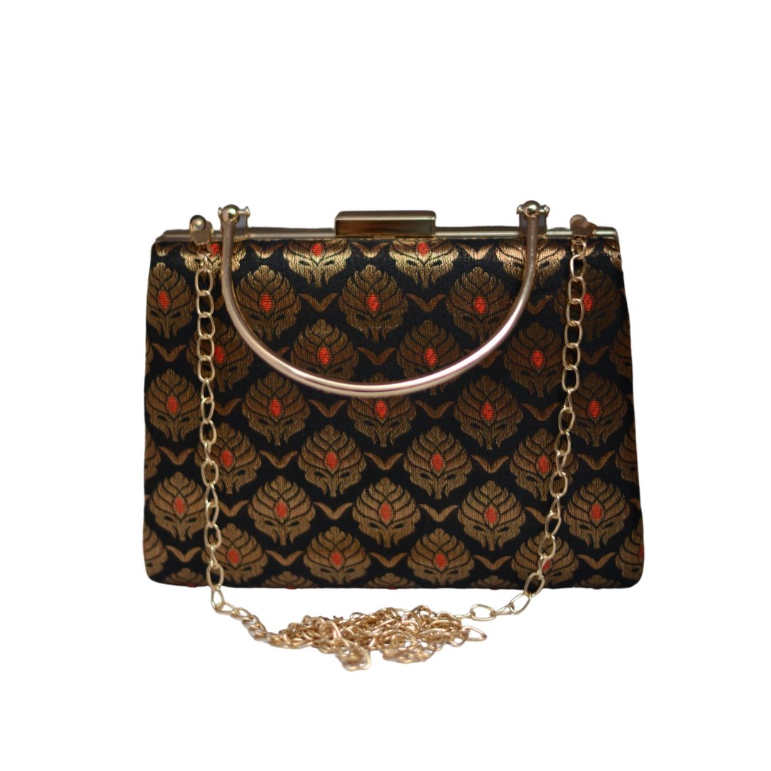 Artklim Black And Golden Brocade Party Clutch