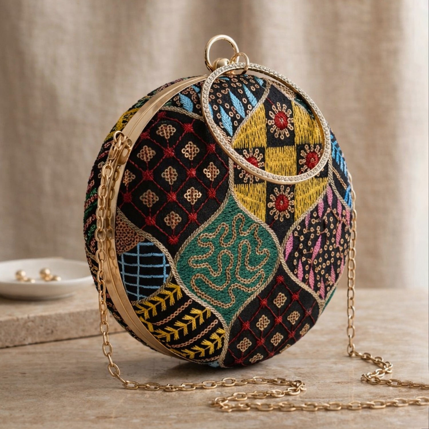 Artklim Artisan Patchwork Mosaic Velvet Embroidery Clutch