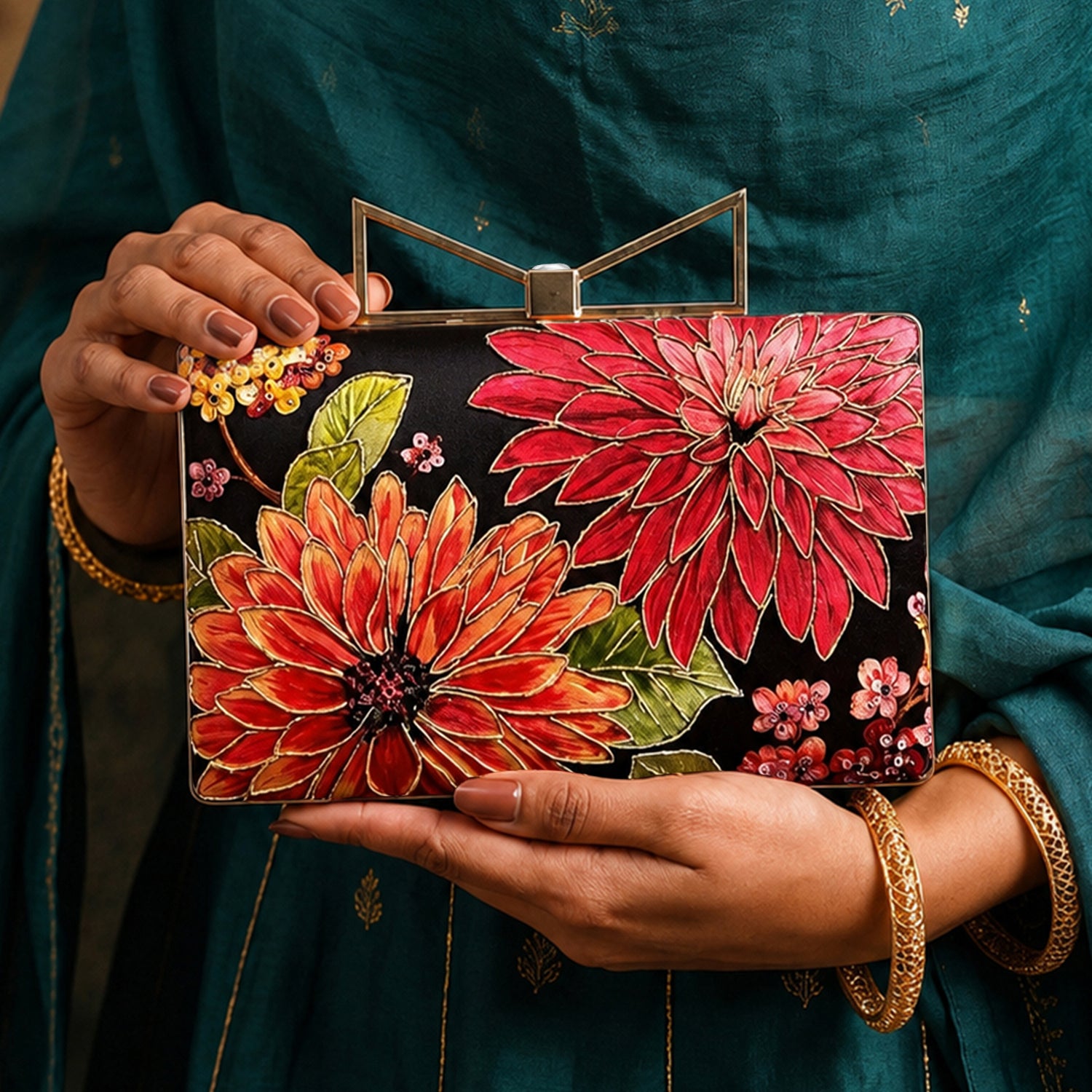 Artklim Printed Black Floral Designer Clutch with Hand Embroidery