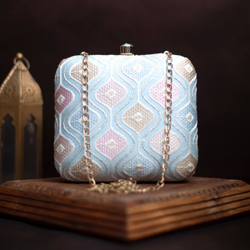 Artklim Light Blue Embroidery Party Clutch