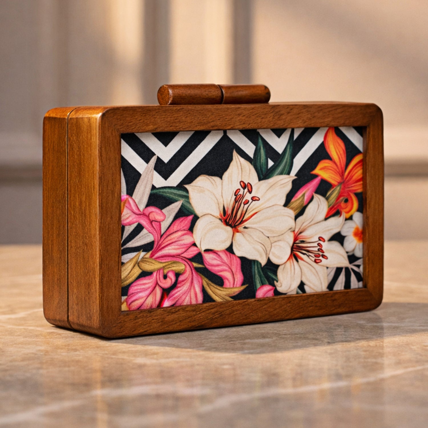 Artklim White Floral Wooden Printed Clutch