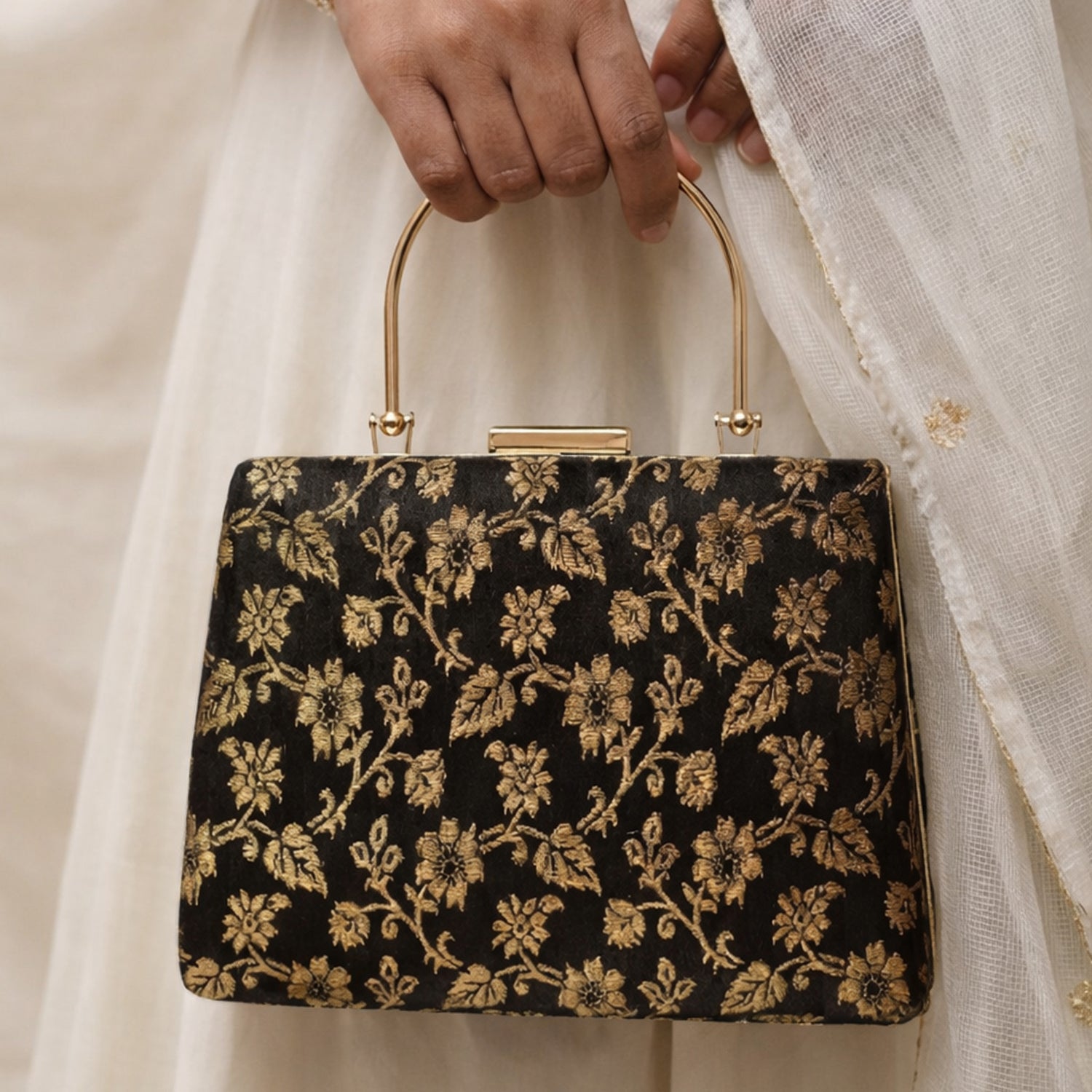 Artklim Elegant Black & Gold Floral Embroidery clutch
