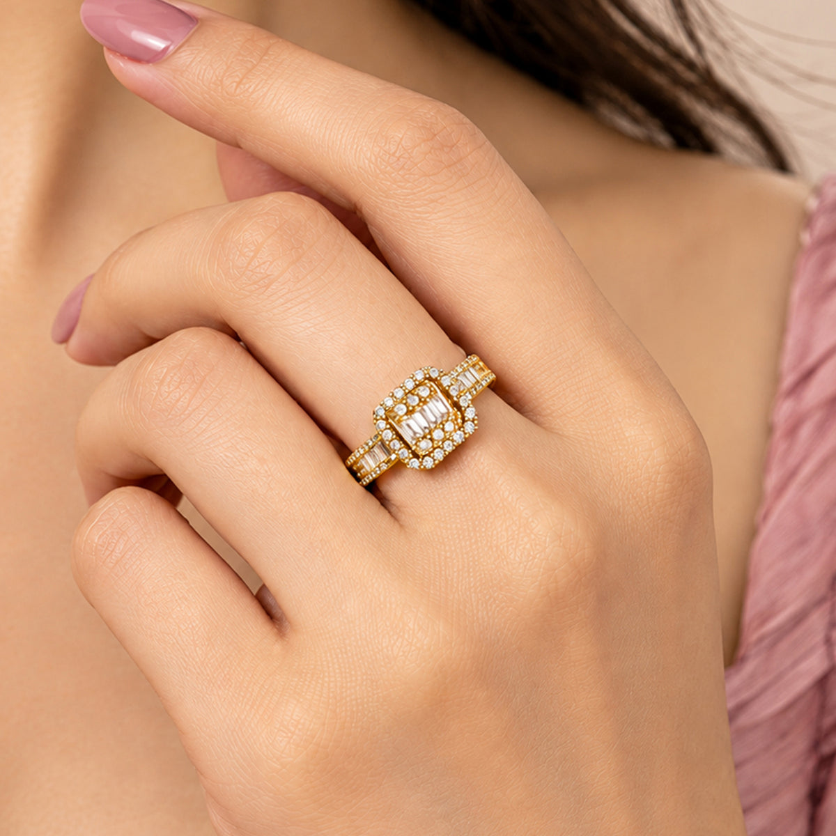 Artklim Radiant Square Crystal Gold-Tone Anti-Tarnish Ring