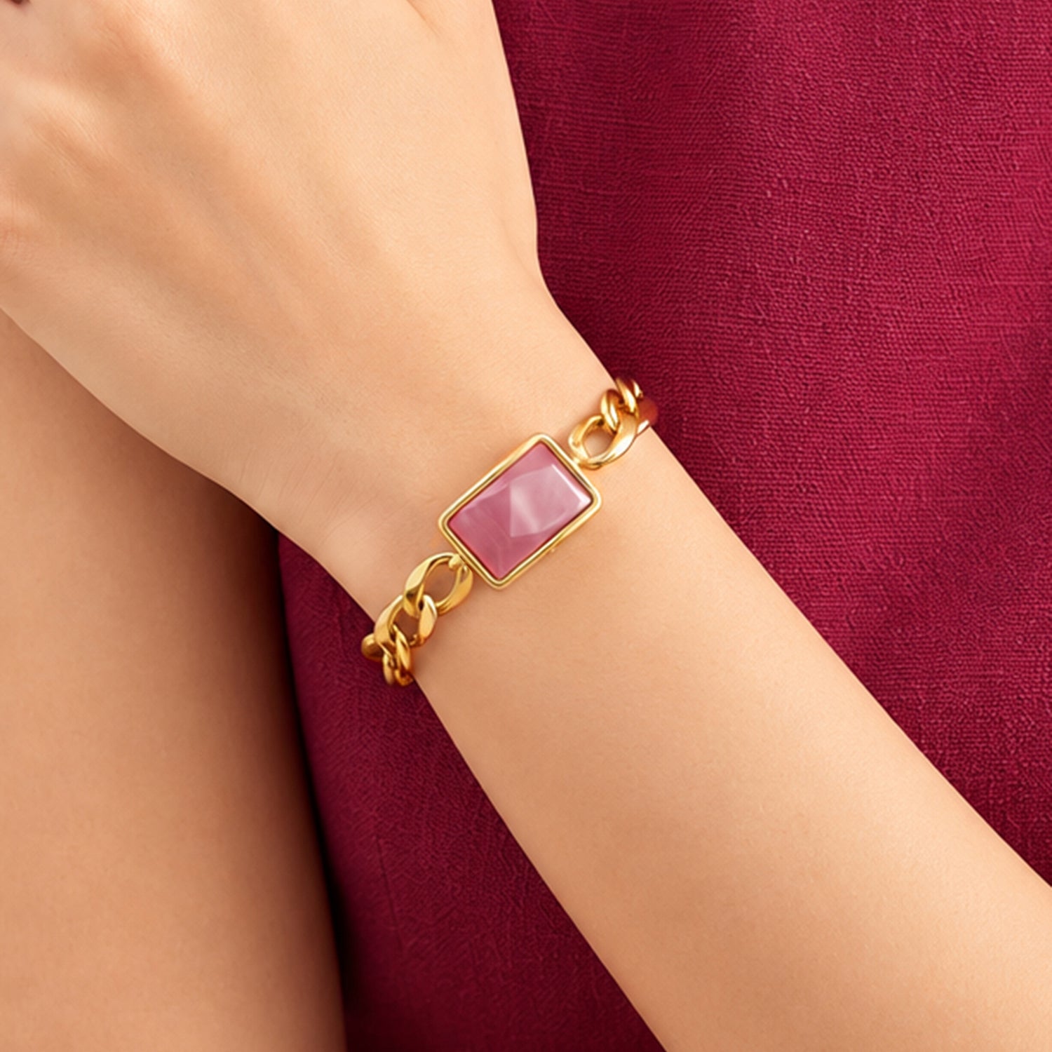 Artklim Pink Mother of Pearl Rectangle Gold Bracelet Anti-Tarnish Bracelet