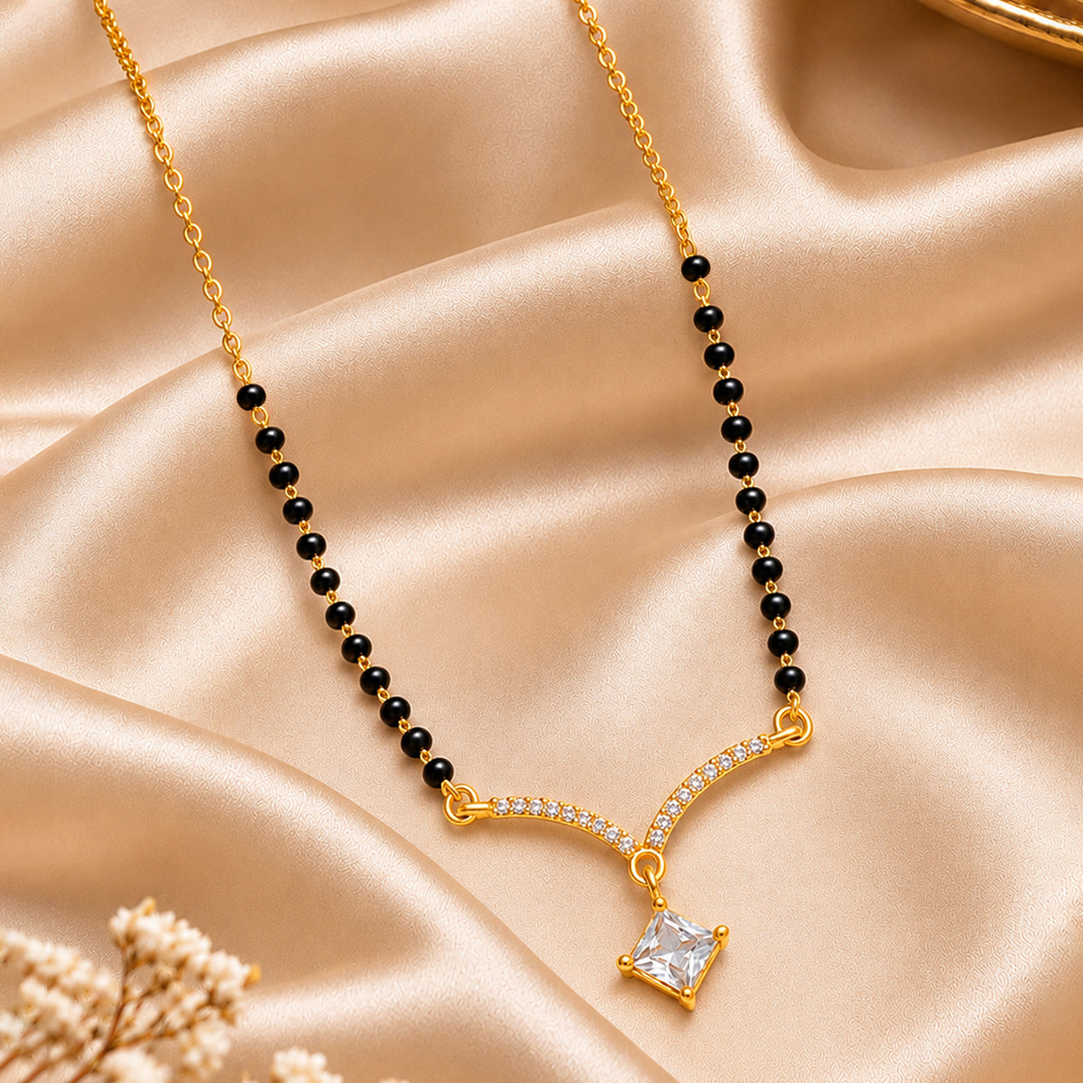 Artklim Elegant V-Shaped Solitaire CZ Pendant Gold-Plated Mangalsutra with Black Beads