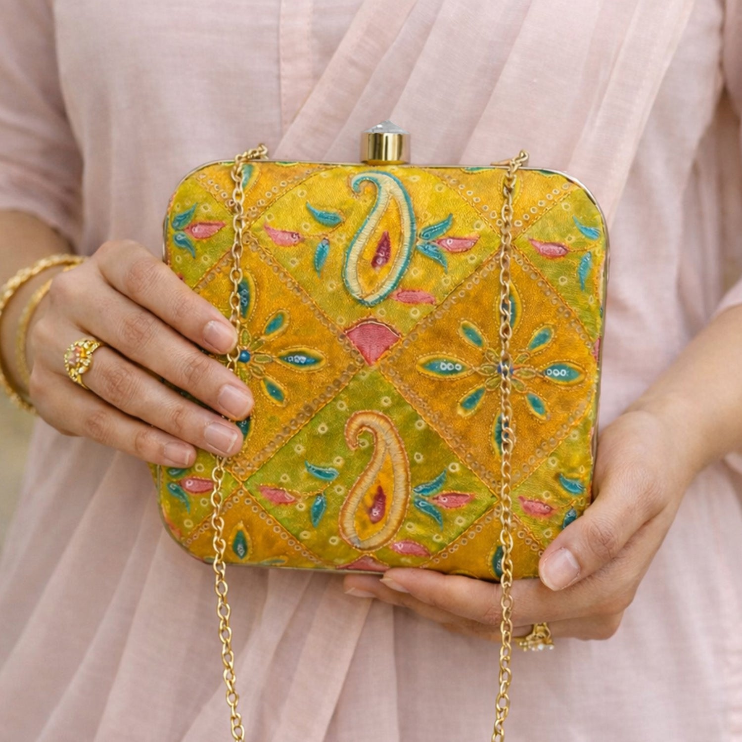 Artklim Haldi Special Yellow Ethnic Embroidered Clutch