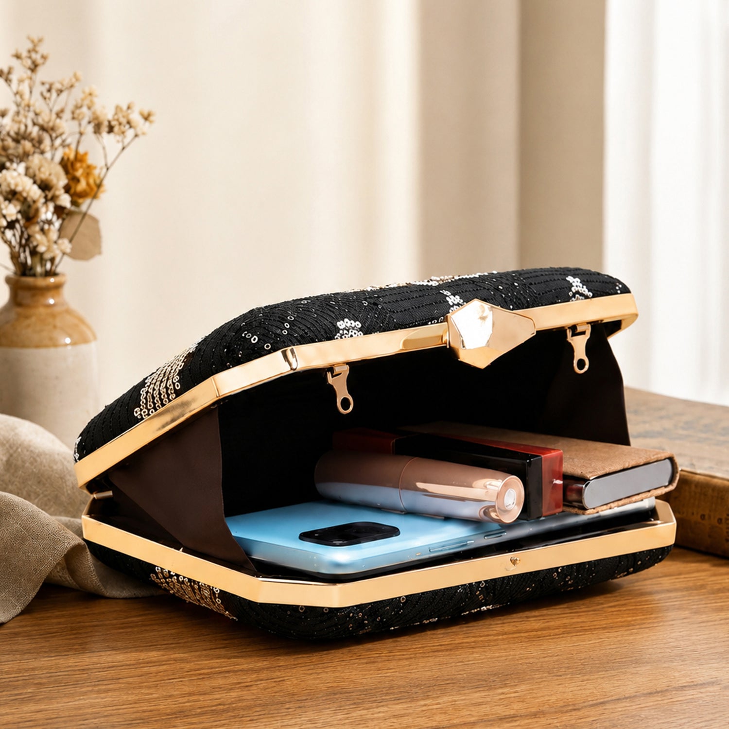 Artklim Black Sequin Embroidery Clutch