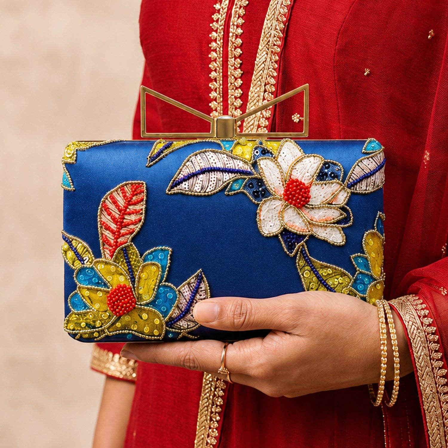 Artklim Printed Royal Blue Multicolor Floral Designer Clutch with Hand Embroidery