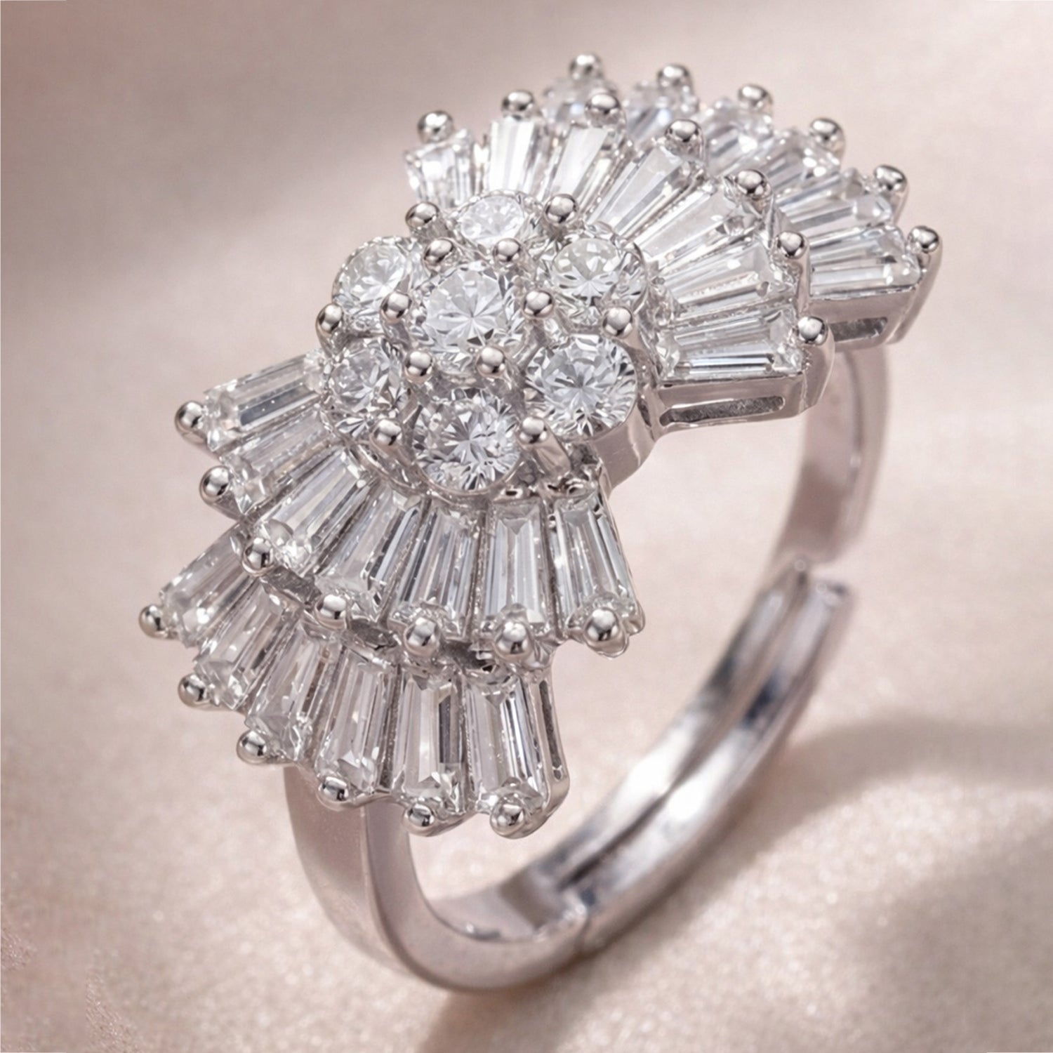 Artklim Sliver- Tone Luxury Sparkling Cluster Bloom Diamond Anti-Tarnish Ring