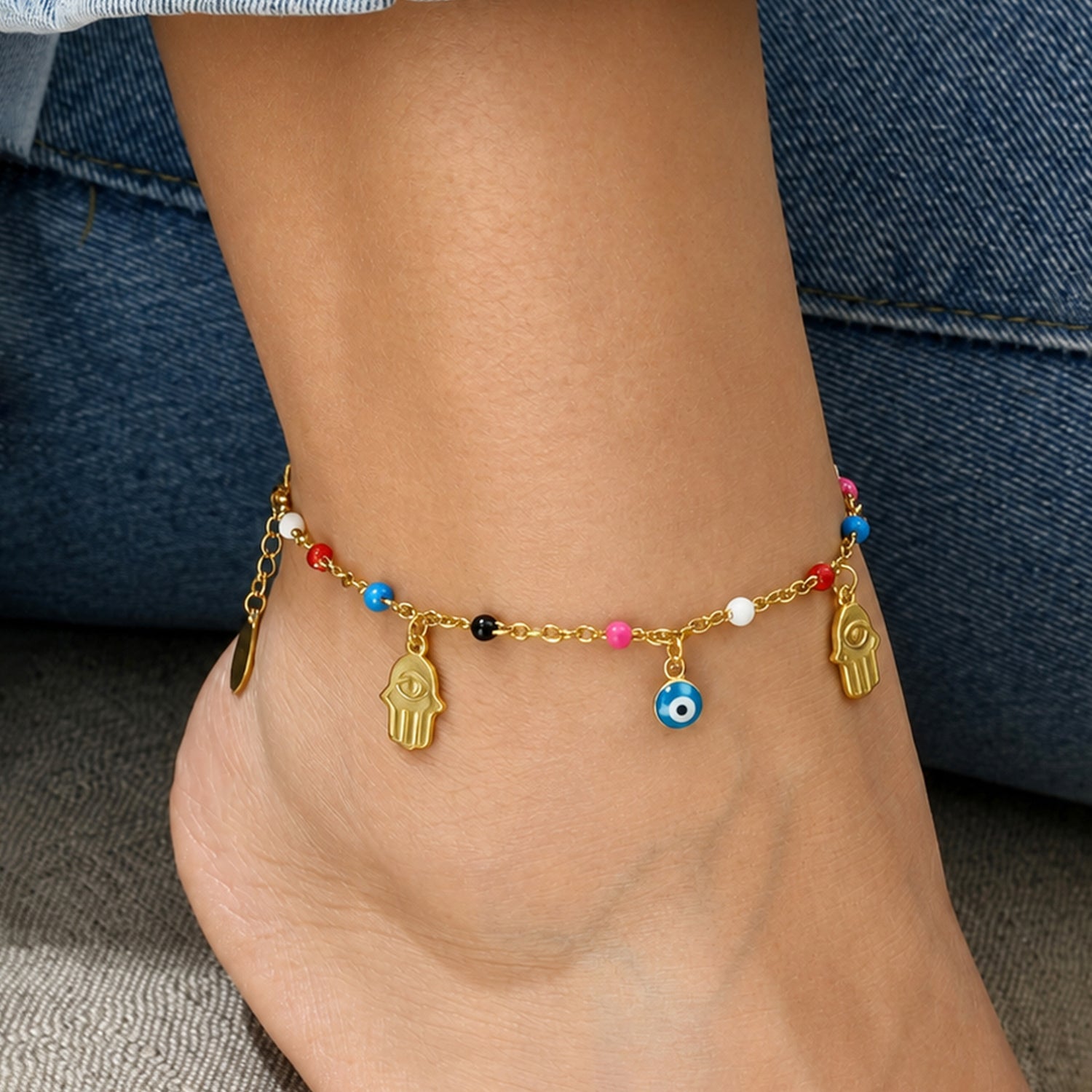 Artklim Evil Eye & Hamsa Protection Charm Anti-Tarnish Anklet