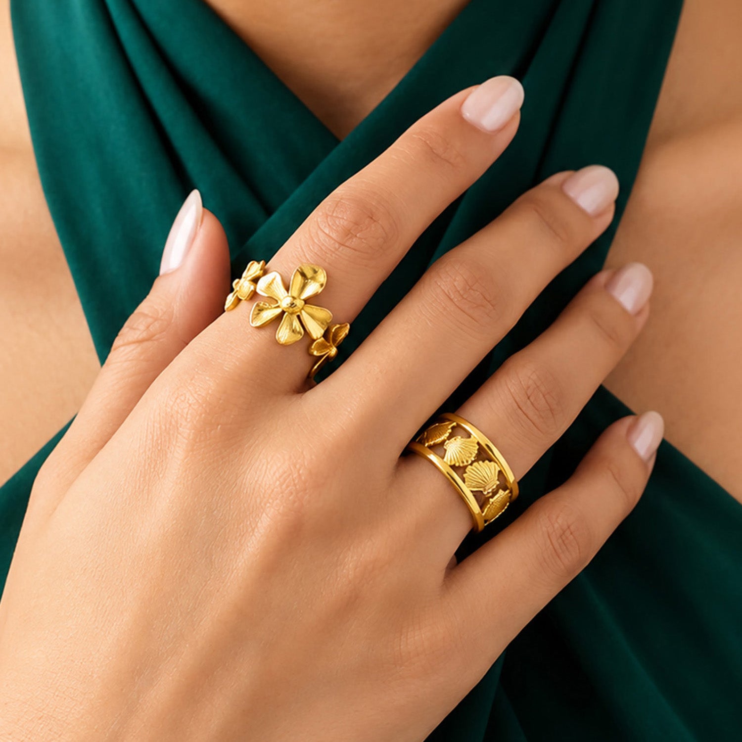 Artklim Floral Bloom & Seashell Pair Ring Set Adjustable Anti-Tarnish Ring