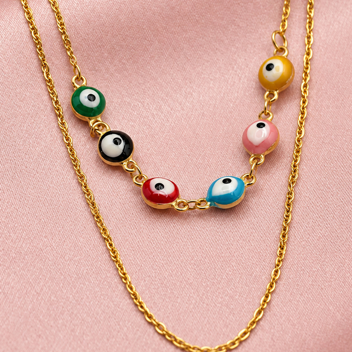 Artklim Multicolor Evil Eye Bead Layered Chain Anti-Tarnish Pendant Necklace