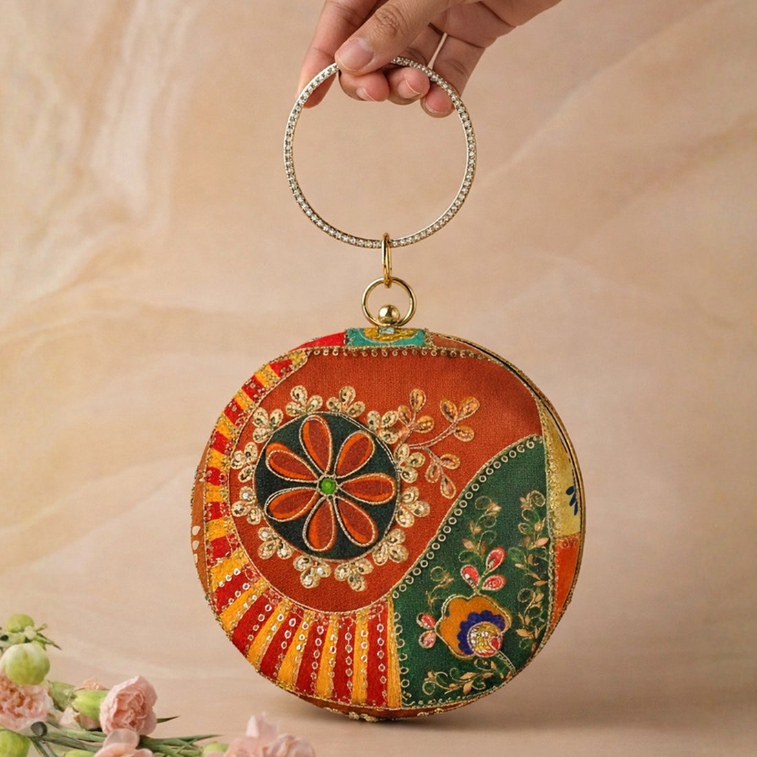 Artklim Multicolor Round Embroidered Clutch