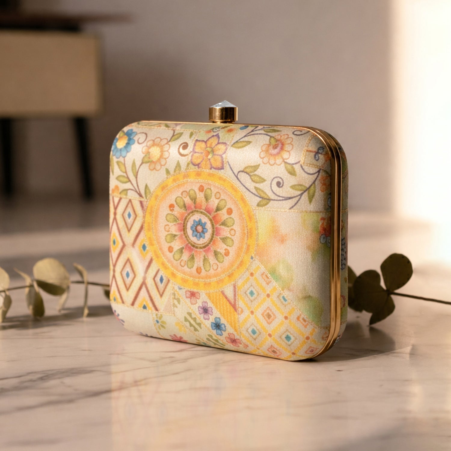 Artklim Women’s Beige Ethnic Patchwork Floral Box Embroidred Clutch