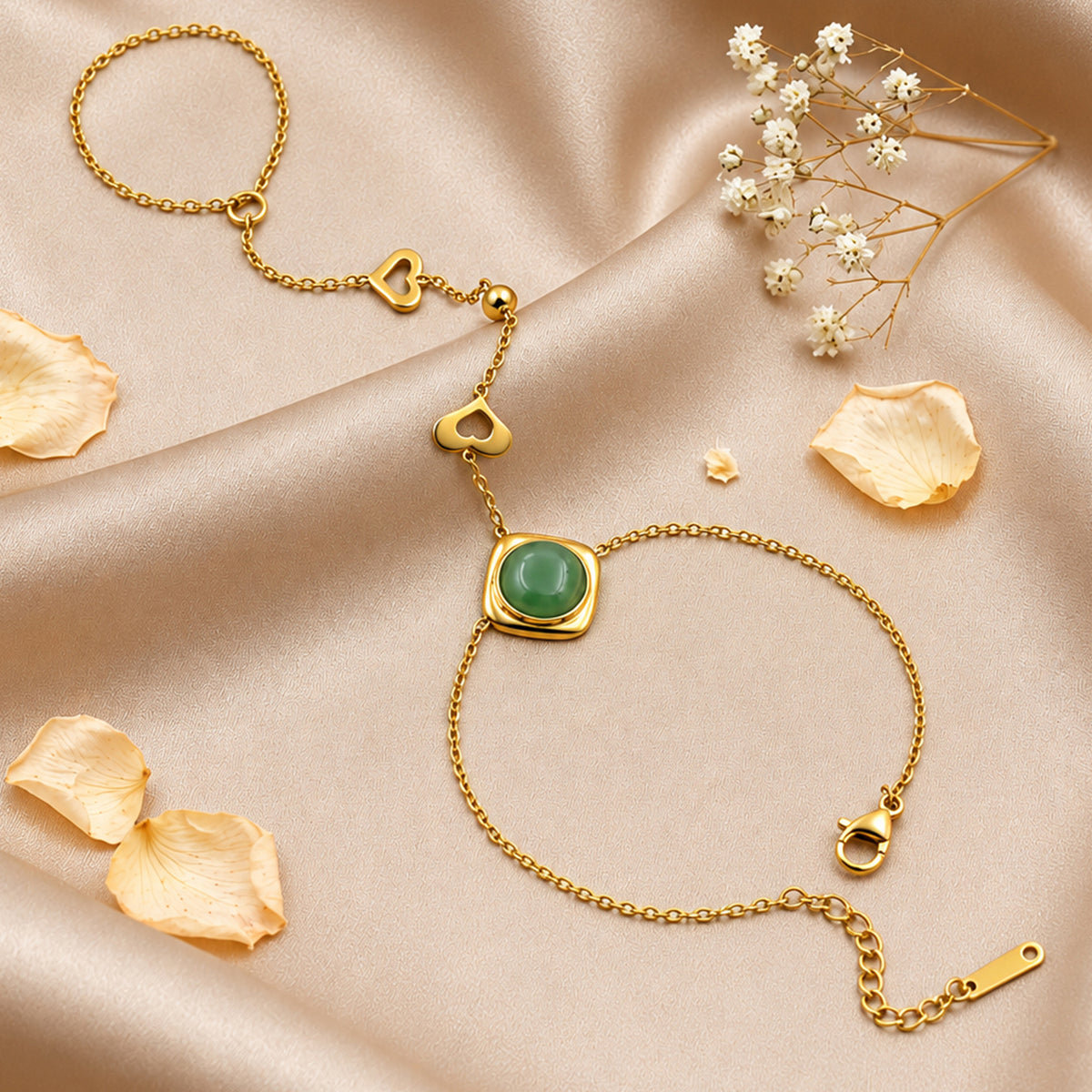 Artklim Luxe Green Stone Heart Ring Bracelet Gold-Tone Anti-Tarnish