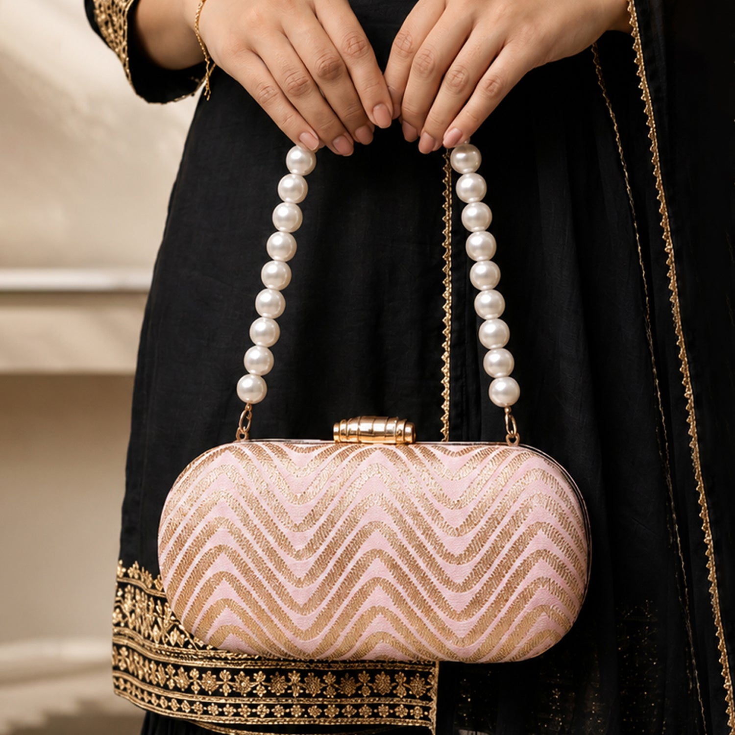 Artklim Blush Pink Zigzag Sequin Designer Embroidery Clutch