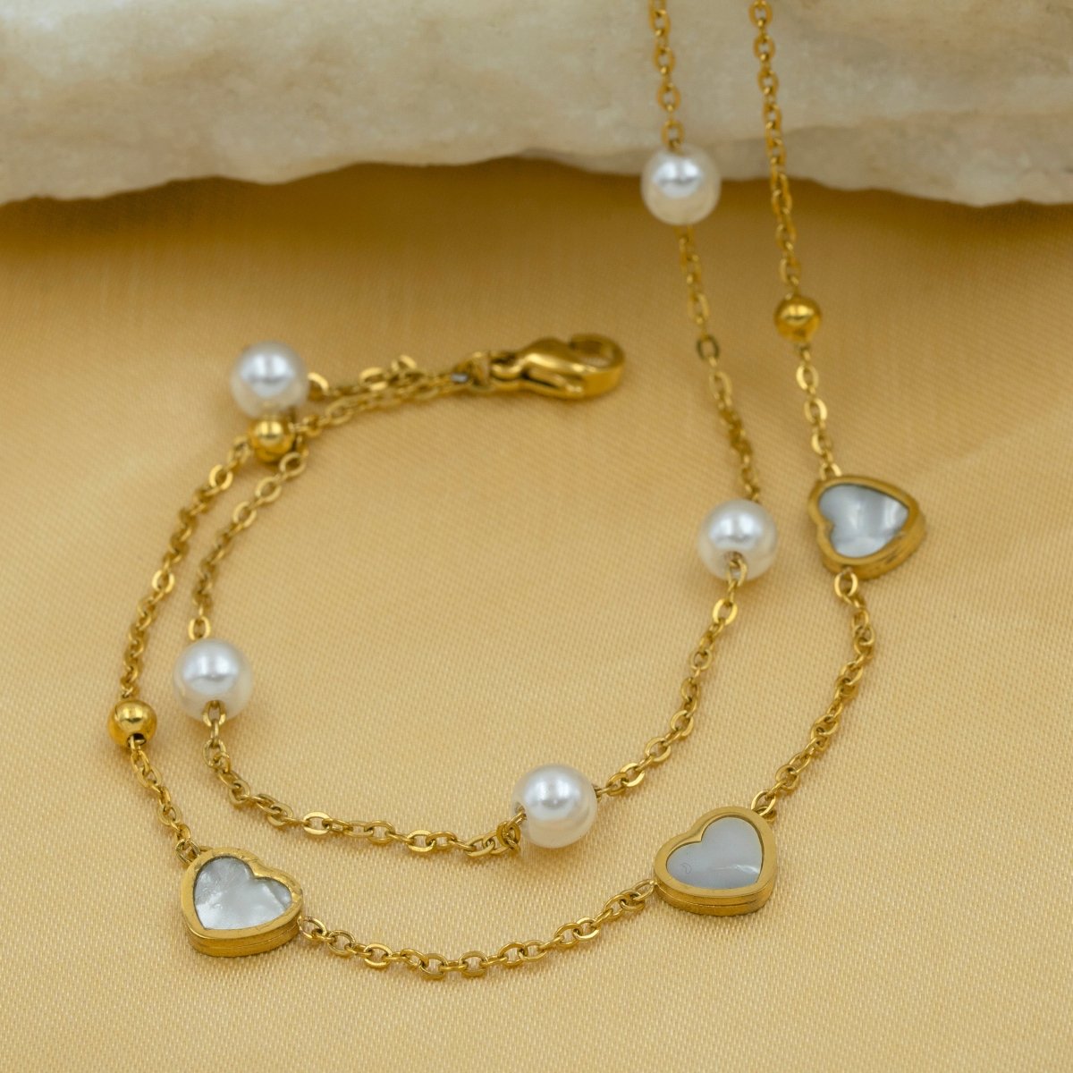 Artklim Gold Plated White MOP Hearts And Pearl Chain Bracelet