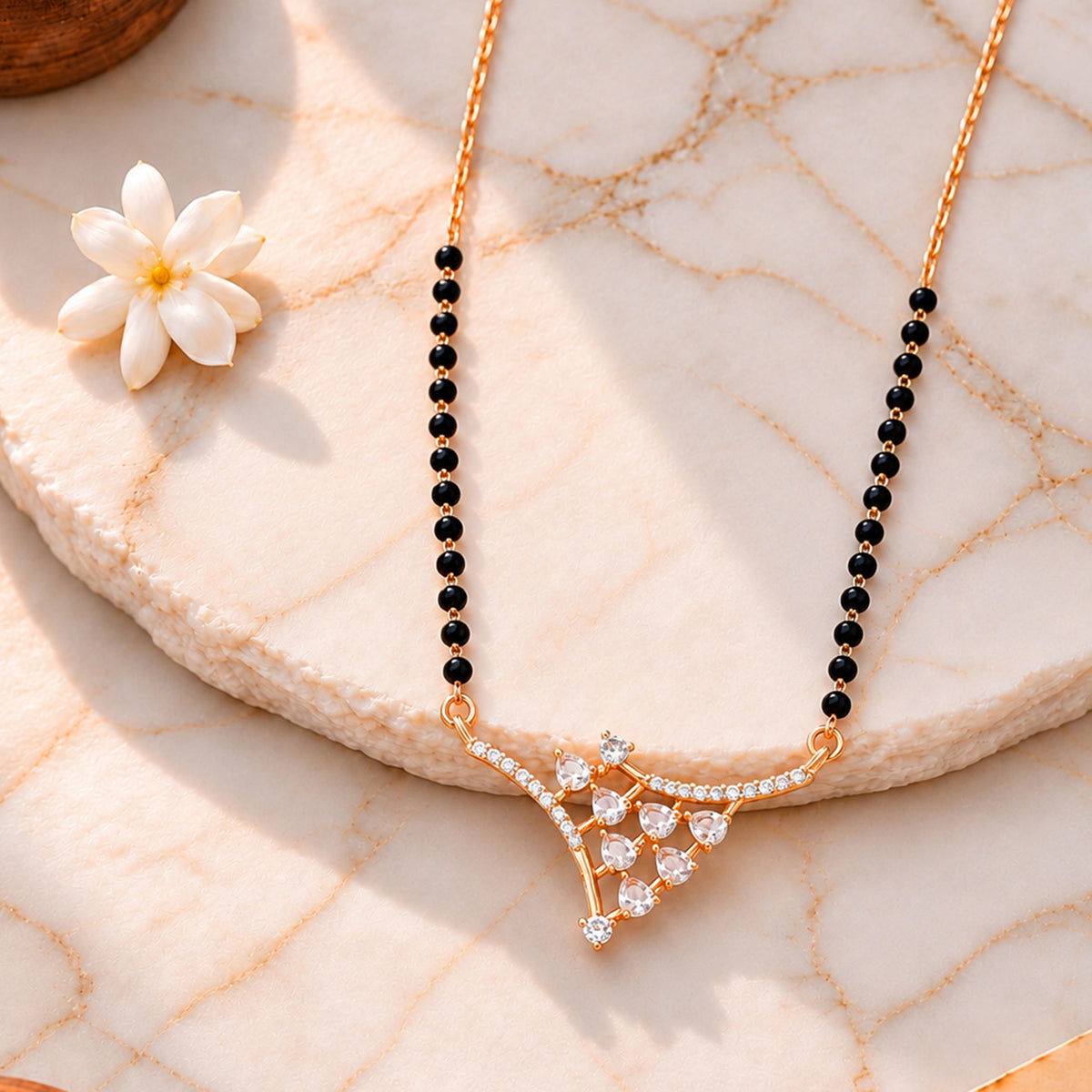Artklim Elegant Rose Gold-Plated Geometric Pendant Mangalsutra with Black Beads for Women