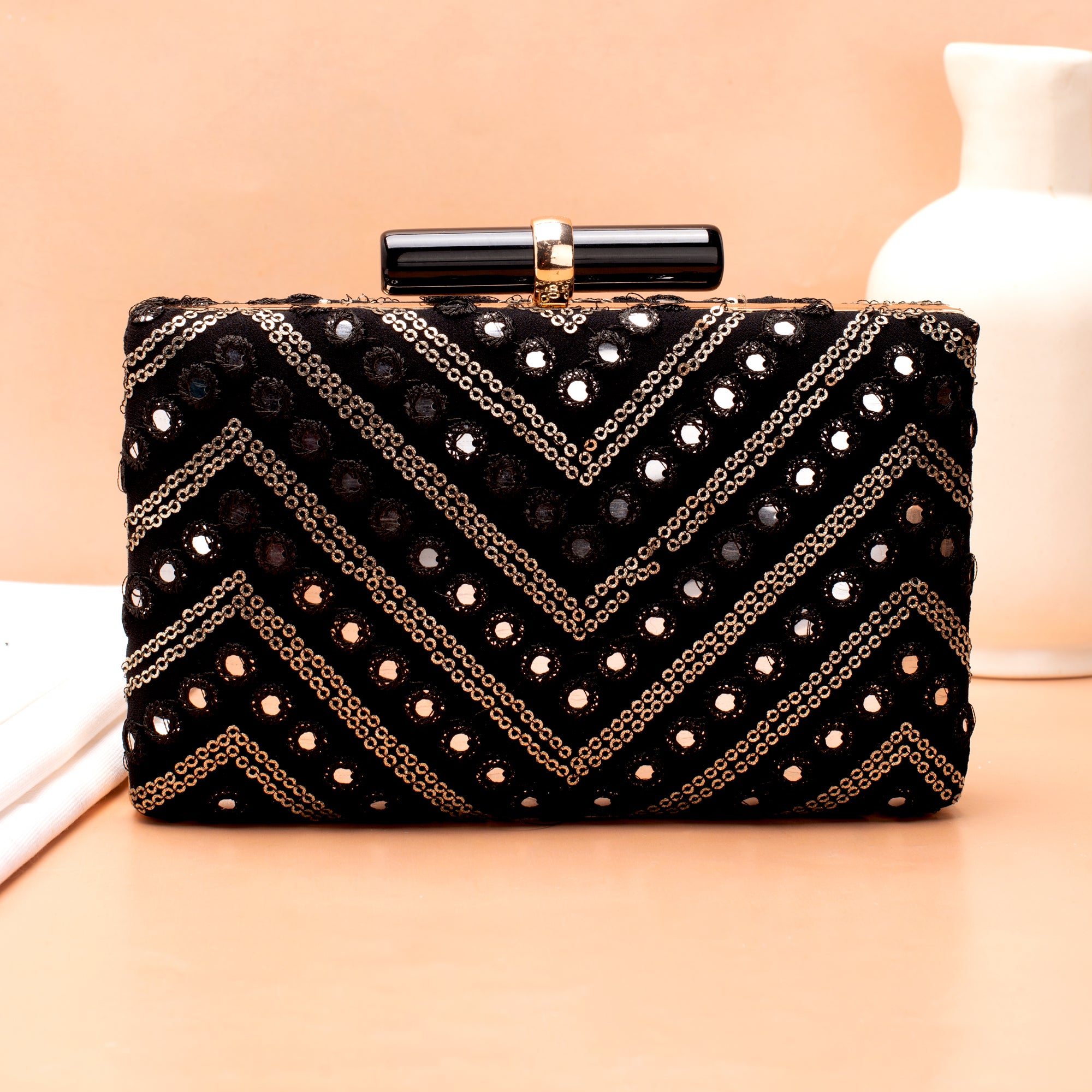 Artklim Black Based Sequins Embroidery Clutch