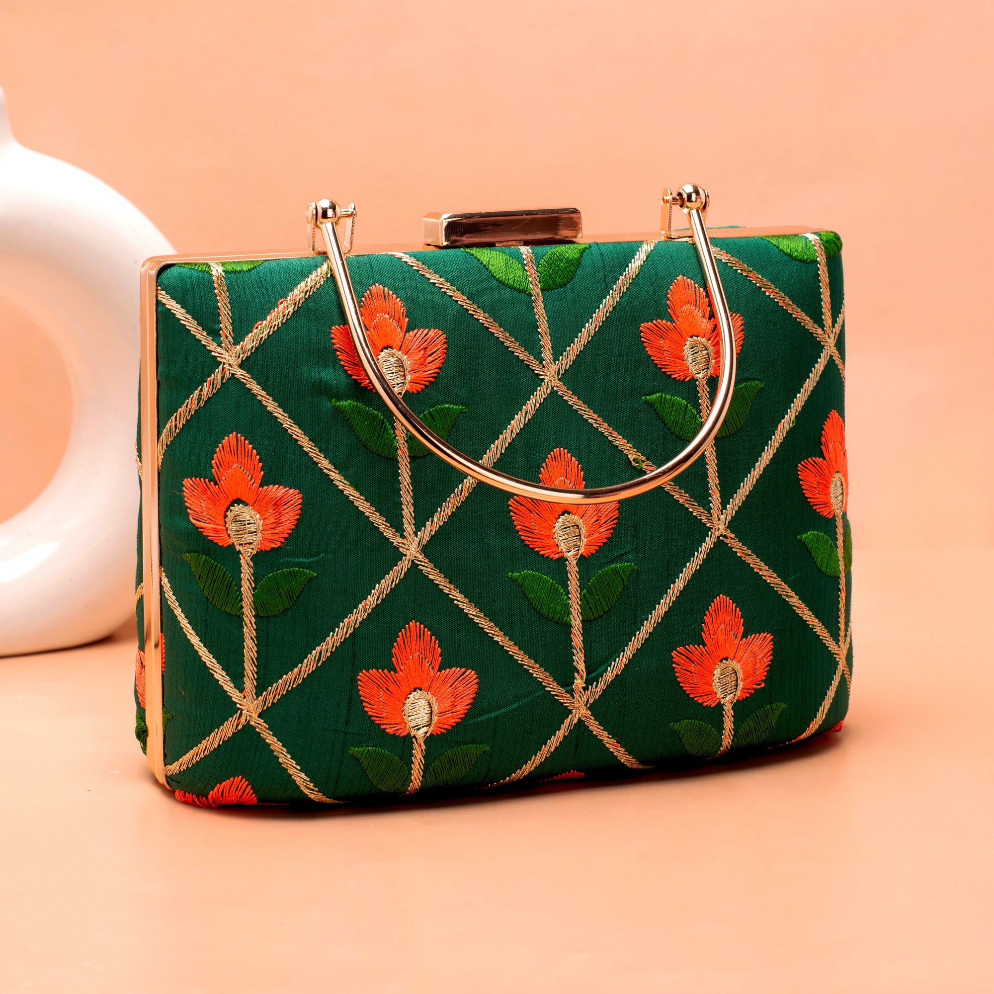 Artklim Green Based Orange Floral Threadwork Embroidery Clutch
