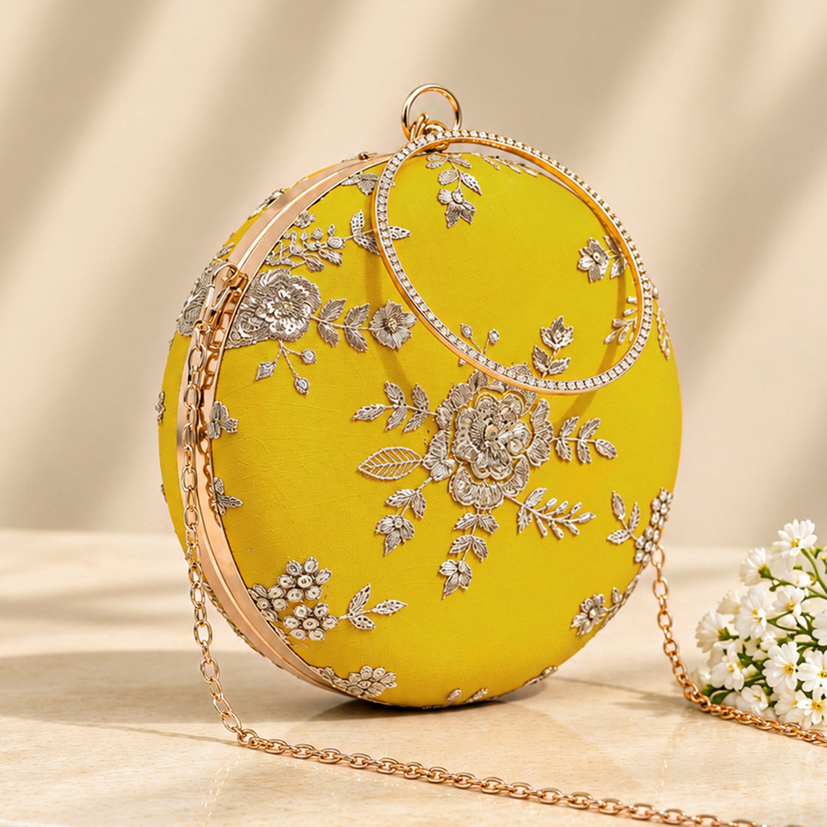 Artklim Elegant Mustard Yellow Floral Embroidered Round Clutch Bag with Golden Crystal Ring Handle