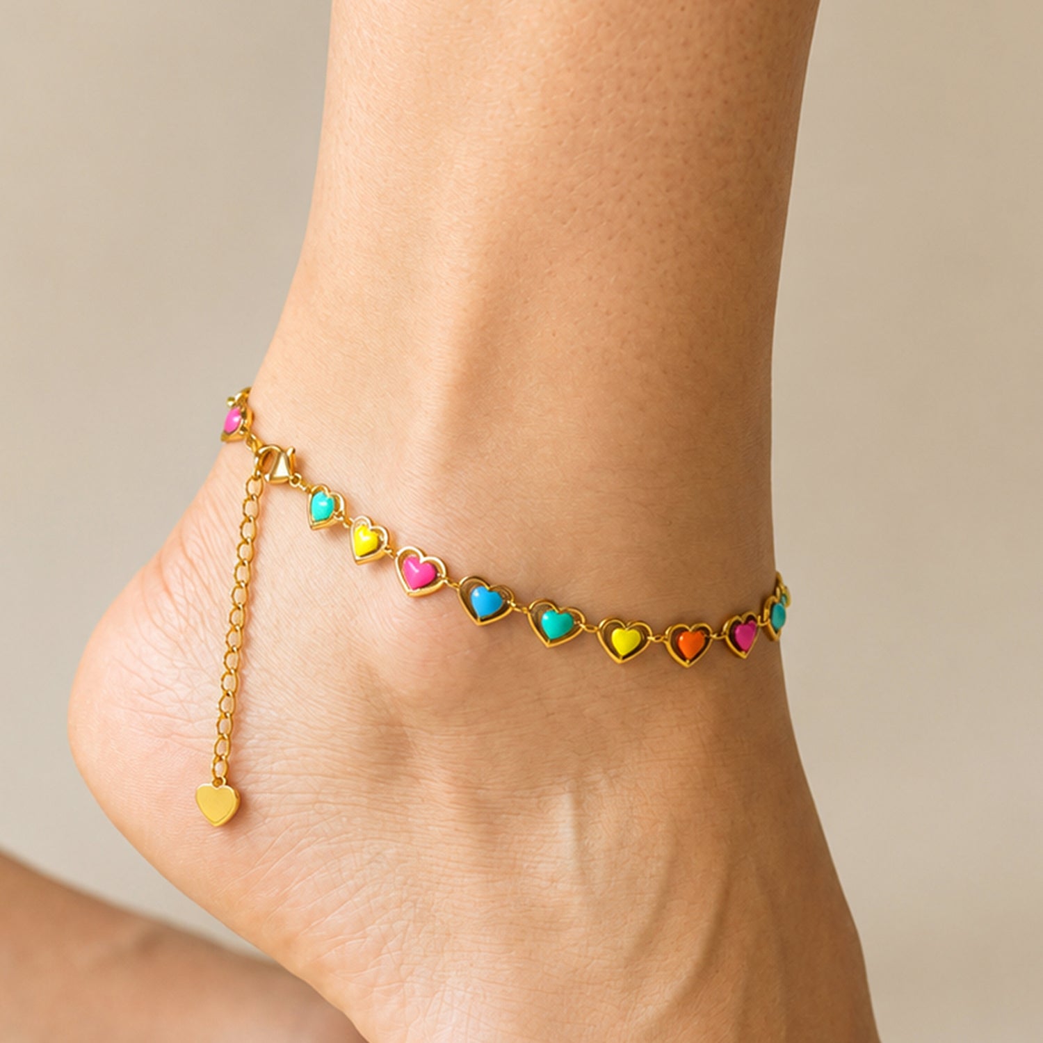 Artklim Colorful Heart Charm Gold Chain Anti-Tarnish Anklet
