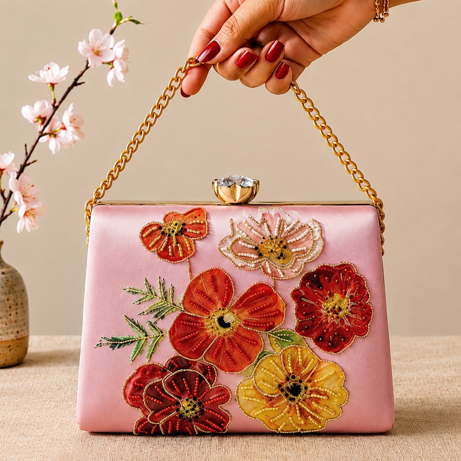 Artklim Printed Blossom Elegance Floral Clutch with Hand Embroidery