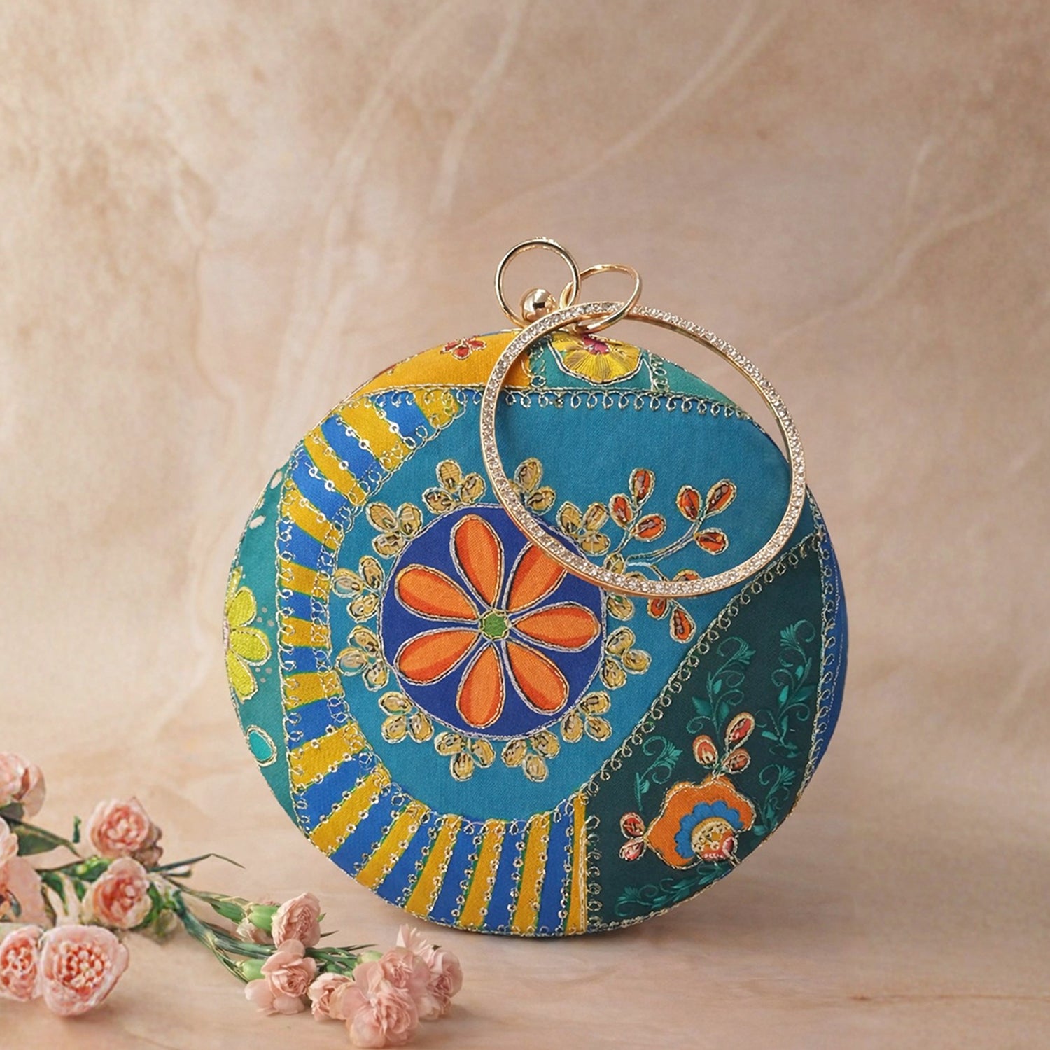 Artklim Turquoise Blue Round Embroidered Clutch