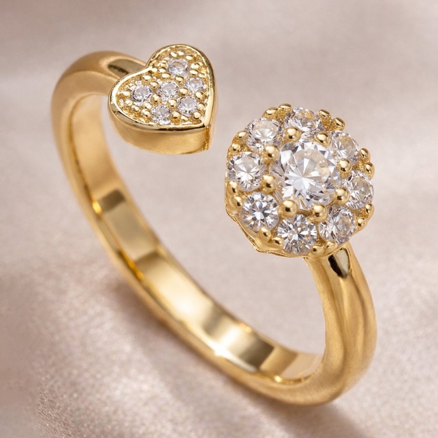 Artklim Gold-Plated Golden Heart & Halo Diamond Anti-Tarnish Ring