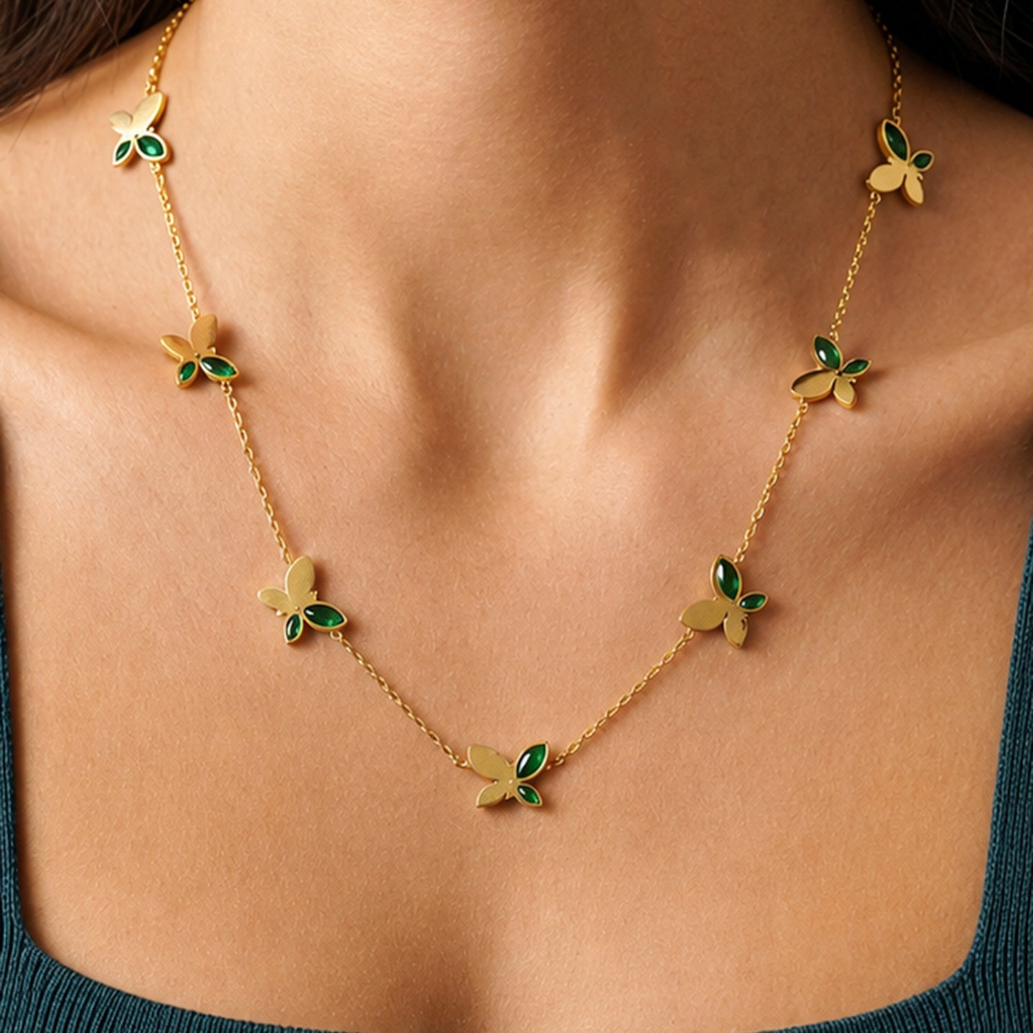 Artklim Green Leaf Butterfly Station Anti-Tarnish Pendant Necklace