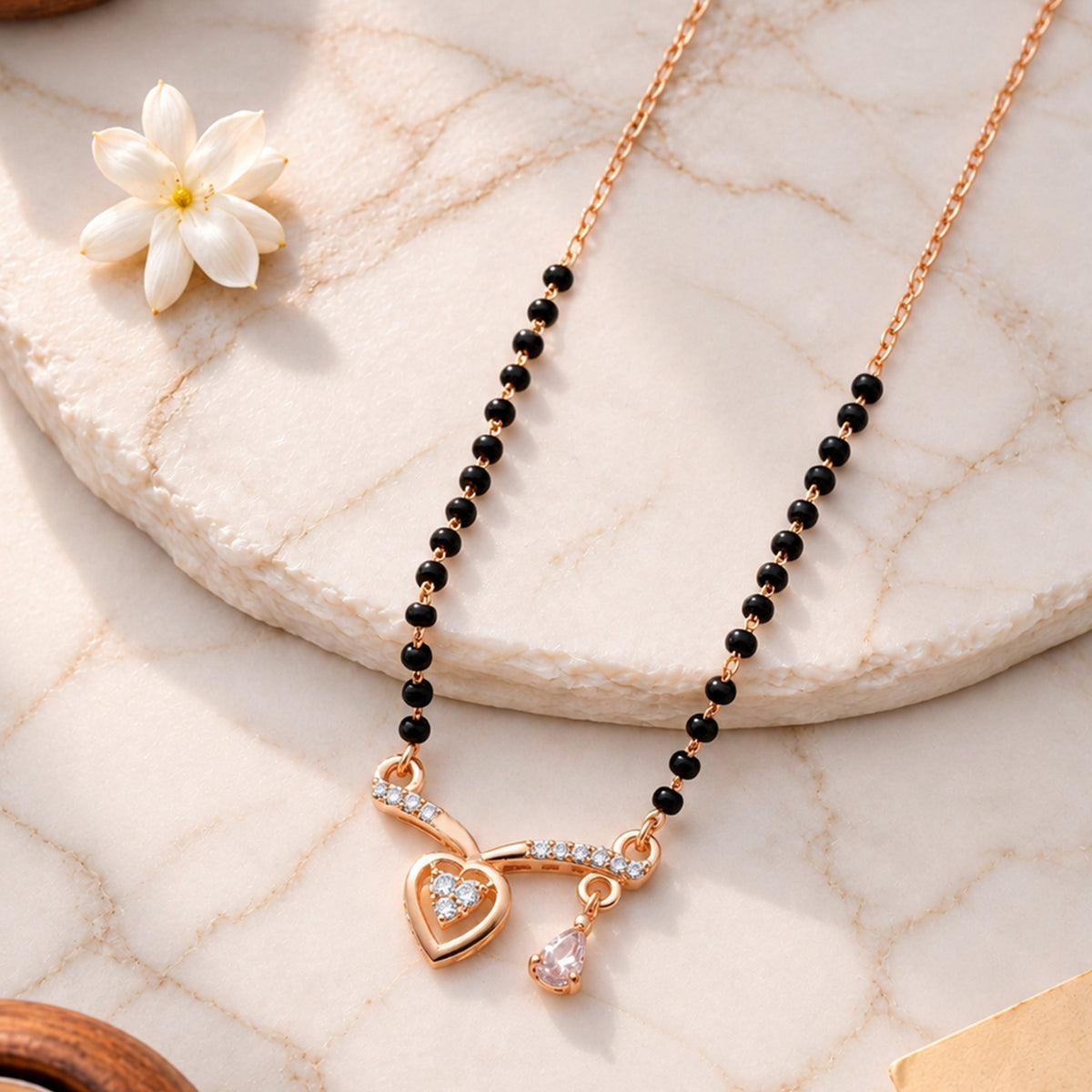 Artklim Elegant Rose Gold-Plated Heart Pendant Mangalsutra with Black Beads for Women