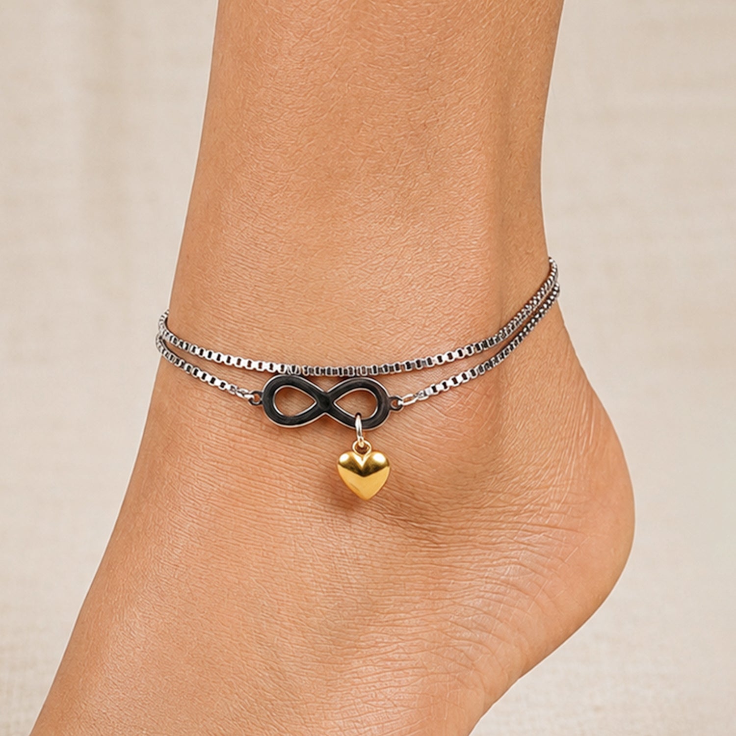 Artklim Infinity Heart Double Layer Silver Chain Anti-Tarnish Anklet