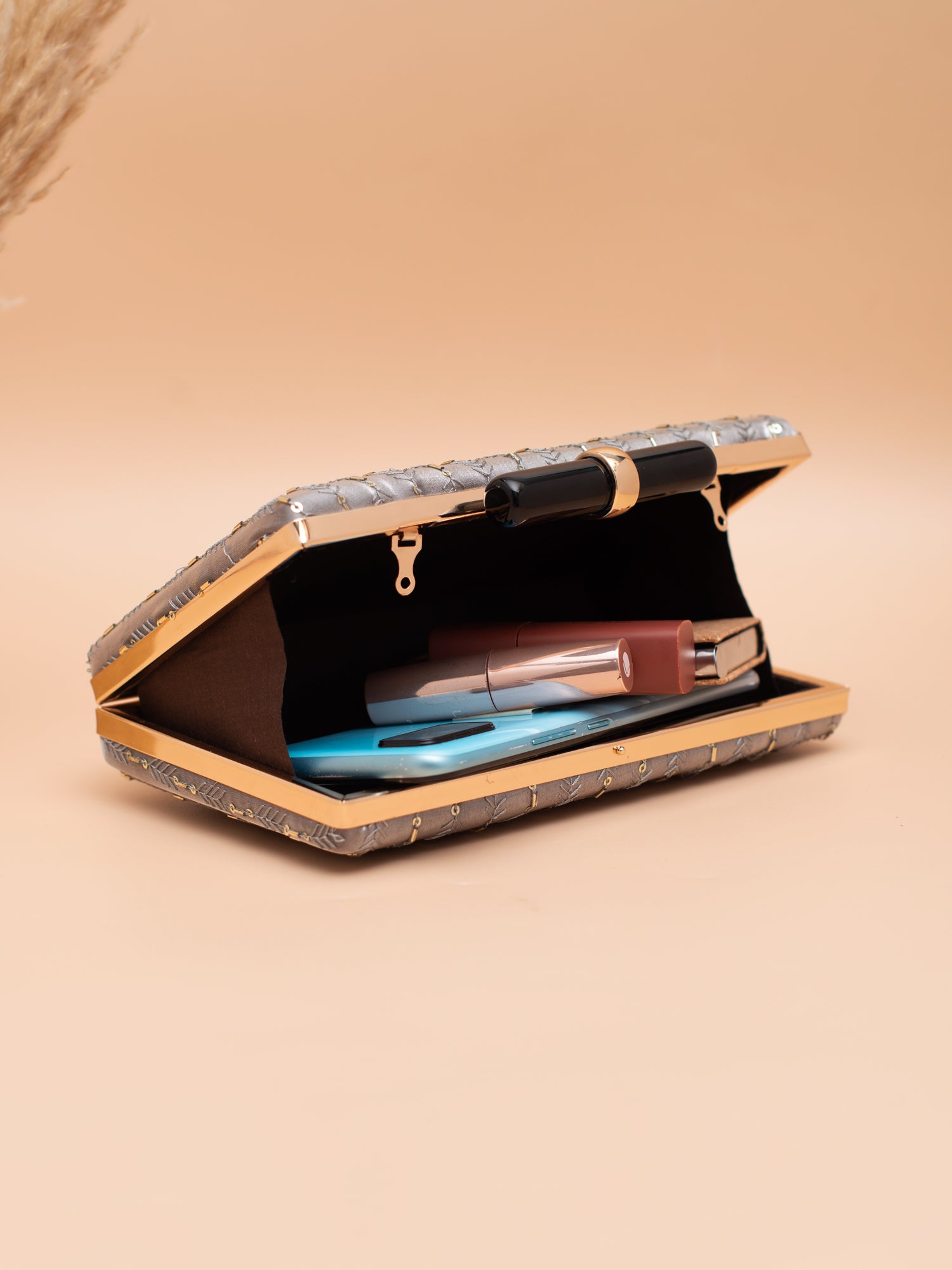 Artklim Elegant Grey Embroidered Clutch with Golden Sling