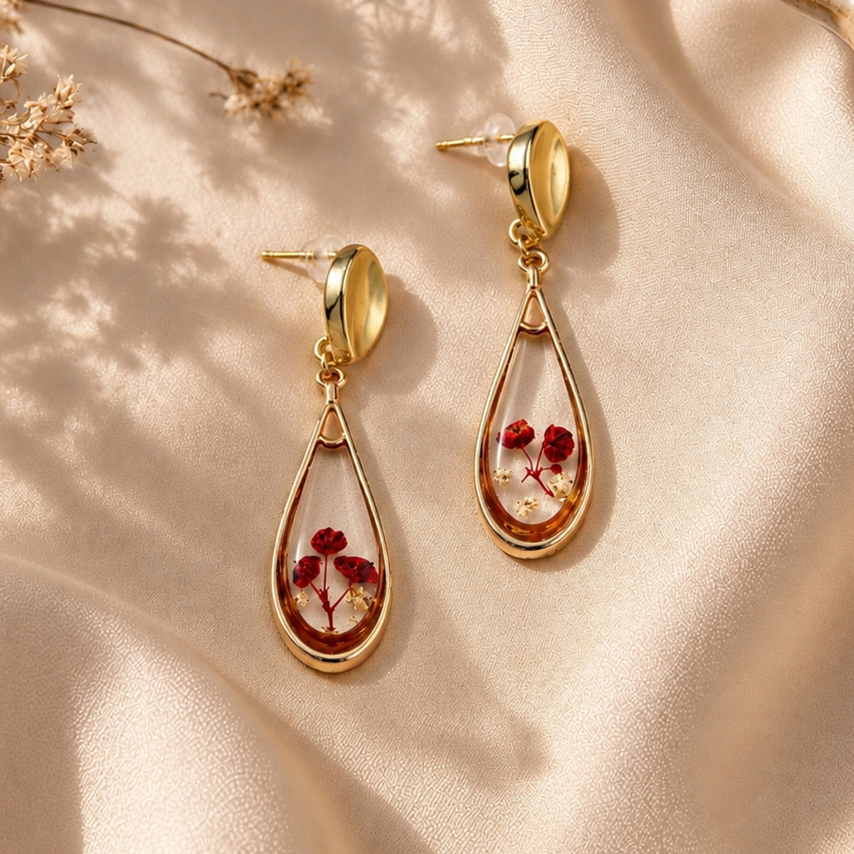 Artklim Elegant Red Floral Teardrop Gold-Tone Anti-Tarnish Earring