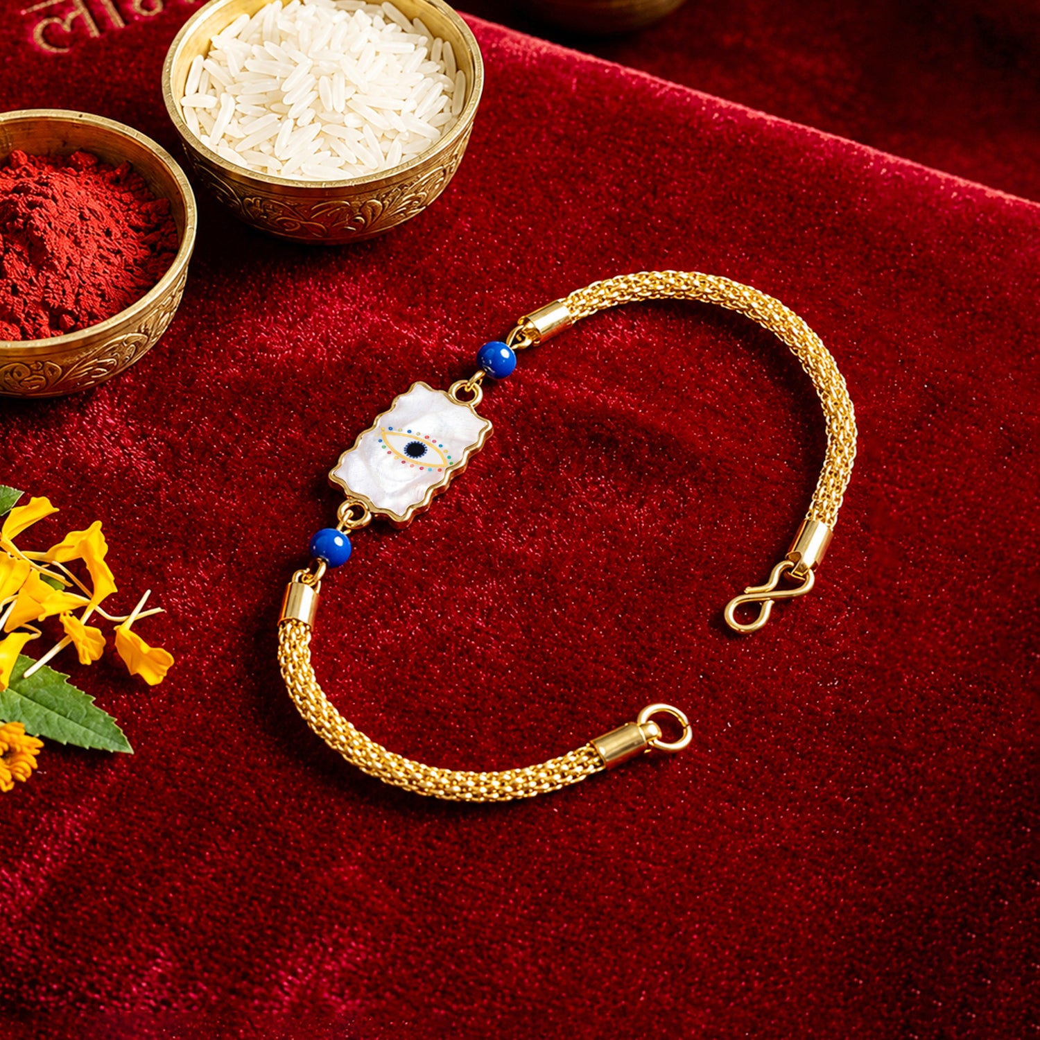 Artklim Elegant Minimal Evil Eye Bhaiya Bhabhi Rakhi Set with Pearl Tassels