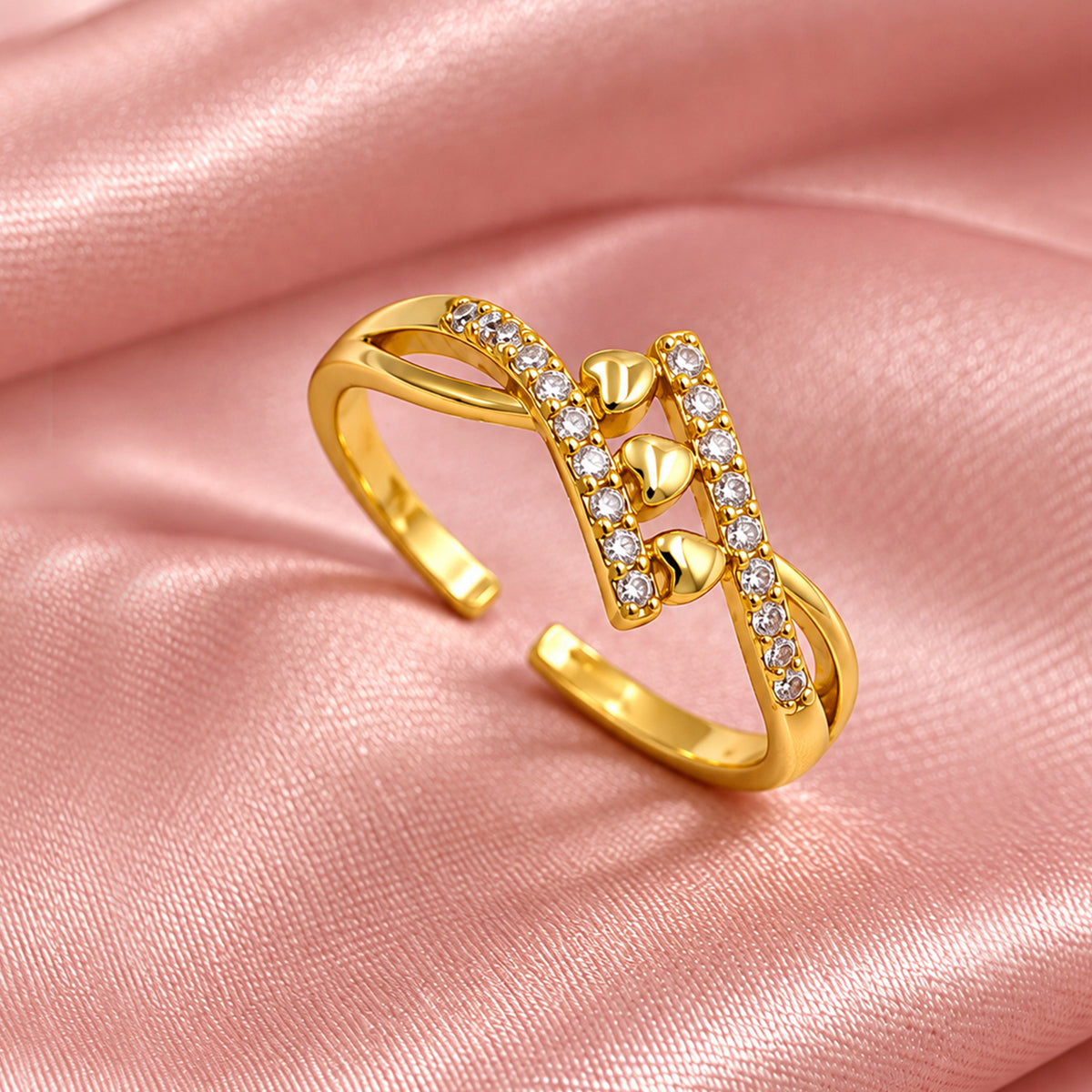 Artklim Luxe Triple-Bead Crystal Gold-Tone Anti-Tarnish Ring
