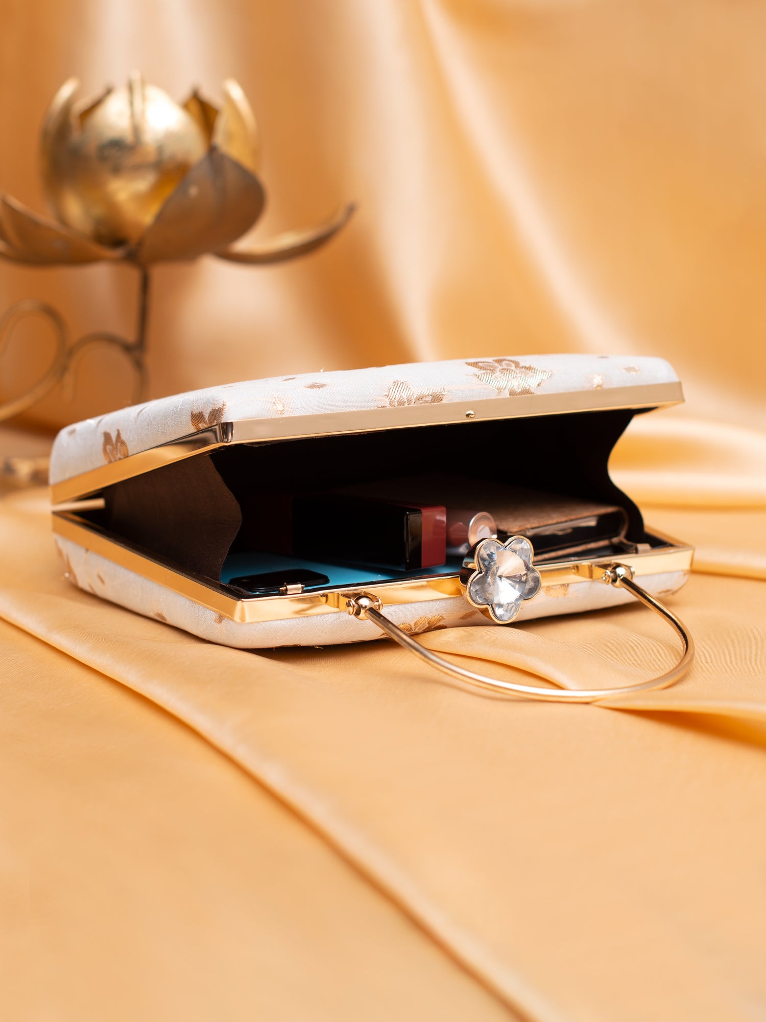 Artklim Elegant Beige & Gold Floral Brocade Clutch