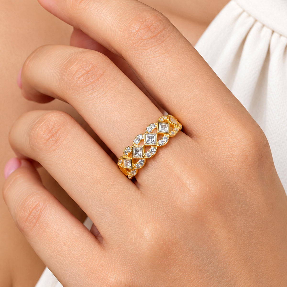 Artklim Square Crystal Link Gold-Tone Anti-Tarnish Ring