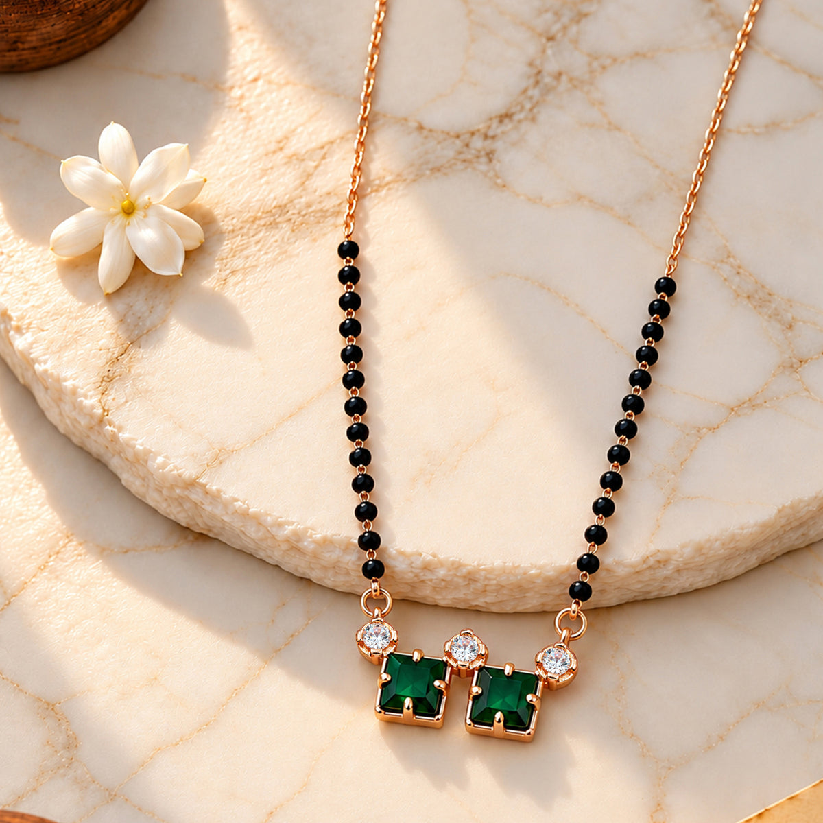 Artklim Elegant Rose Gold-Plated Green Stone & Black Beaded Mangalsutra for Women