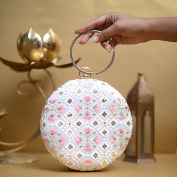 White And Pink Floral Embroidery Round Clutch