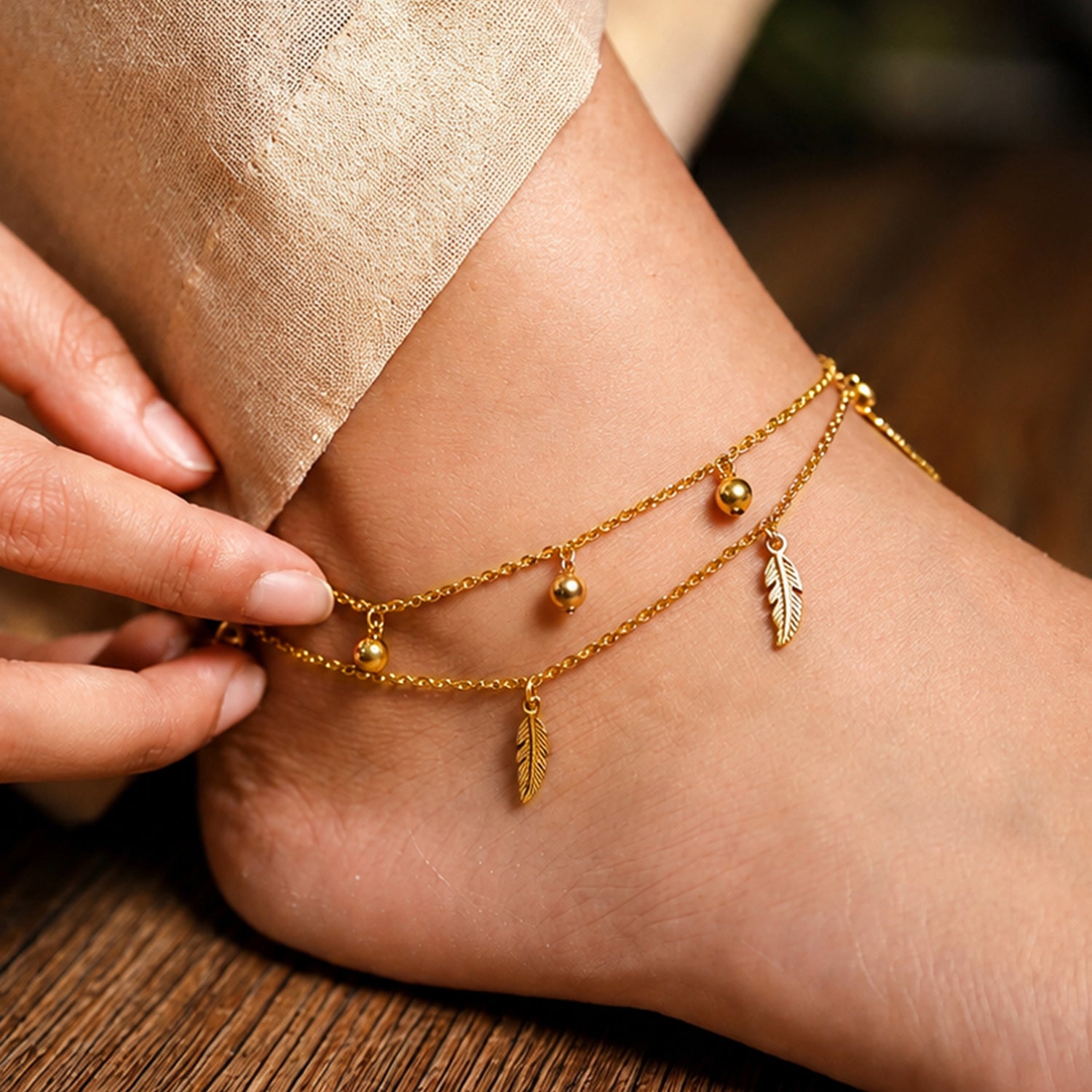 Artklim Feather & Bell Layered Charm Gold Anti-Tarnish Anklet