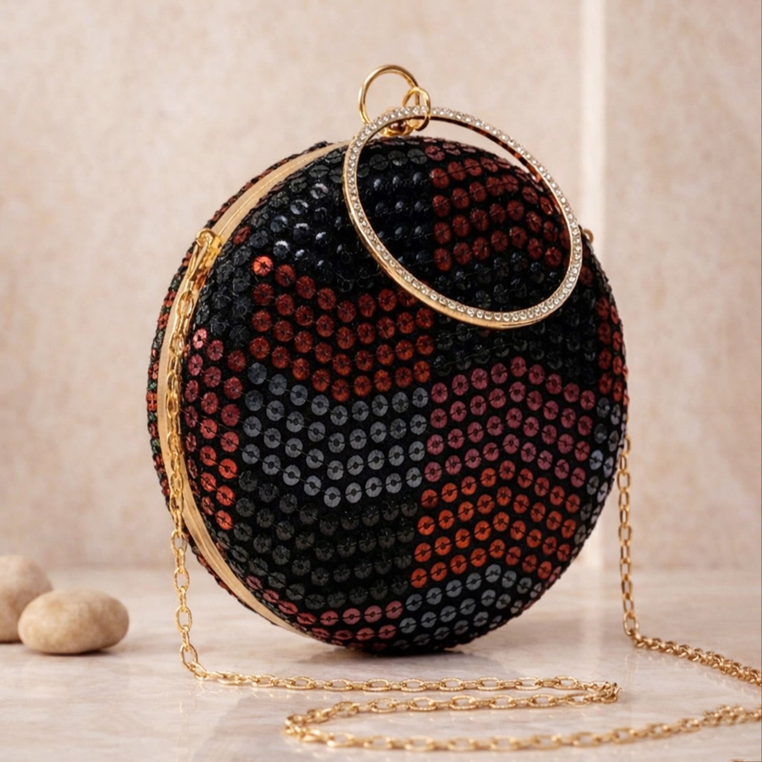 Artklim Glam Noir Red Sequin Pattern Embroidery Clutch