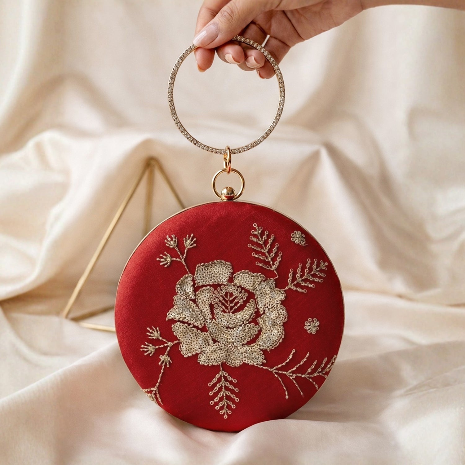 Artklim Red Floral Embroidered Round Clutch