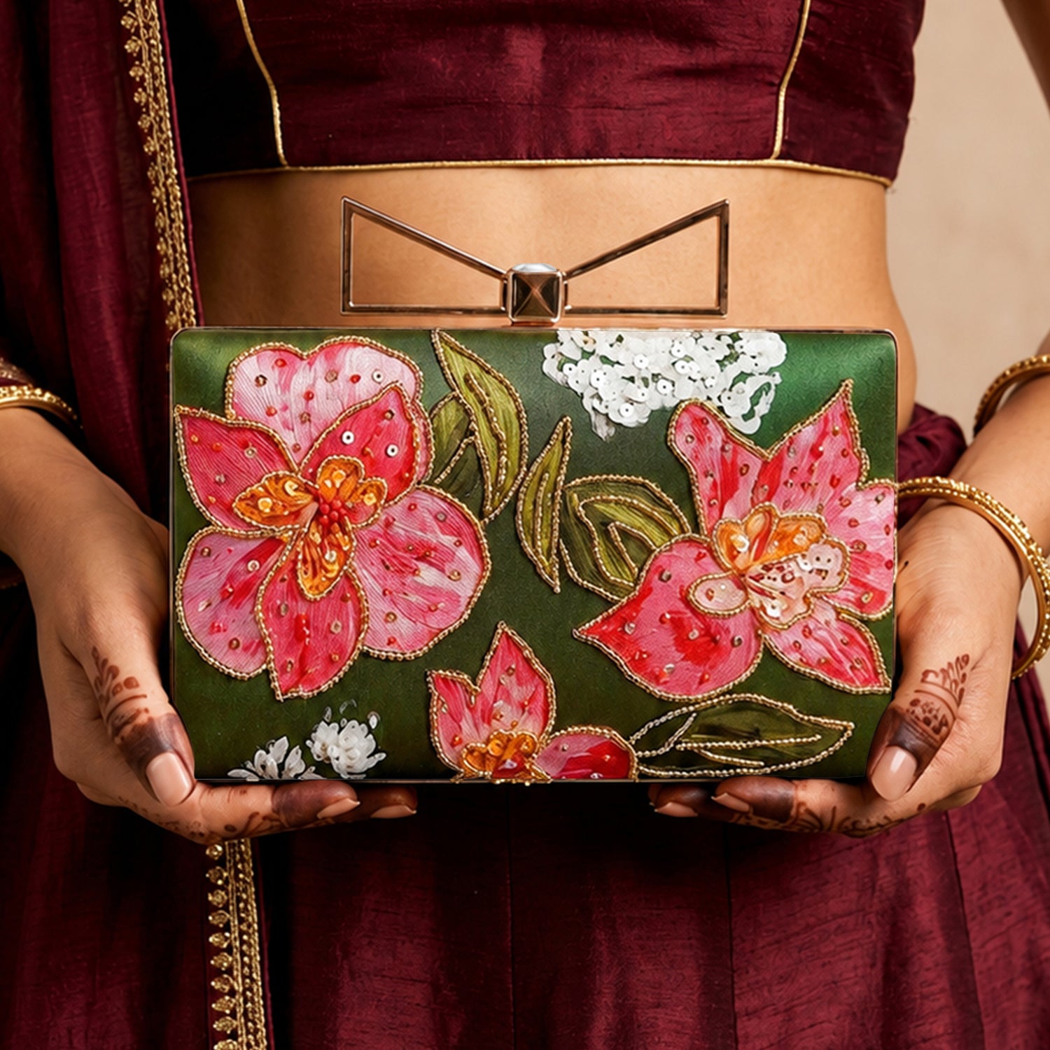 Artklim Printed Olive Green Pink Floral Designer Clutch with Hand Embroidery