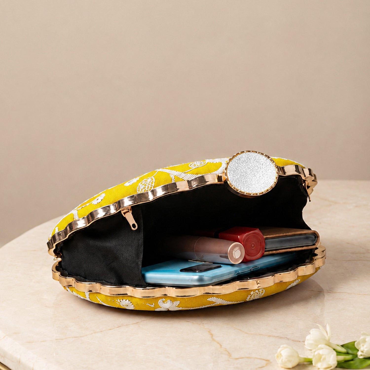 Artklim Yellow Base White Thread Embrodiery Clutch