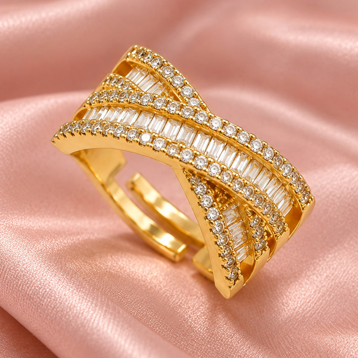 Artklim Elegant Layered Baguette Crystal Gold-Tone Statement Anti-Tarnish Ring