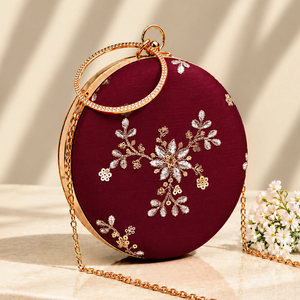 Artklim Elegant Maroon Floral Embroidered Round Clutch Bag with Golden Crystal Ring Handle