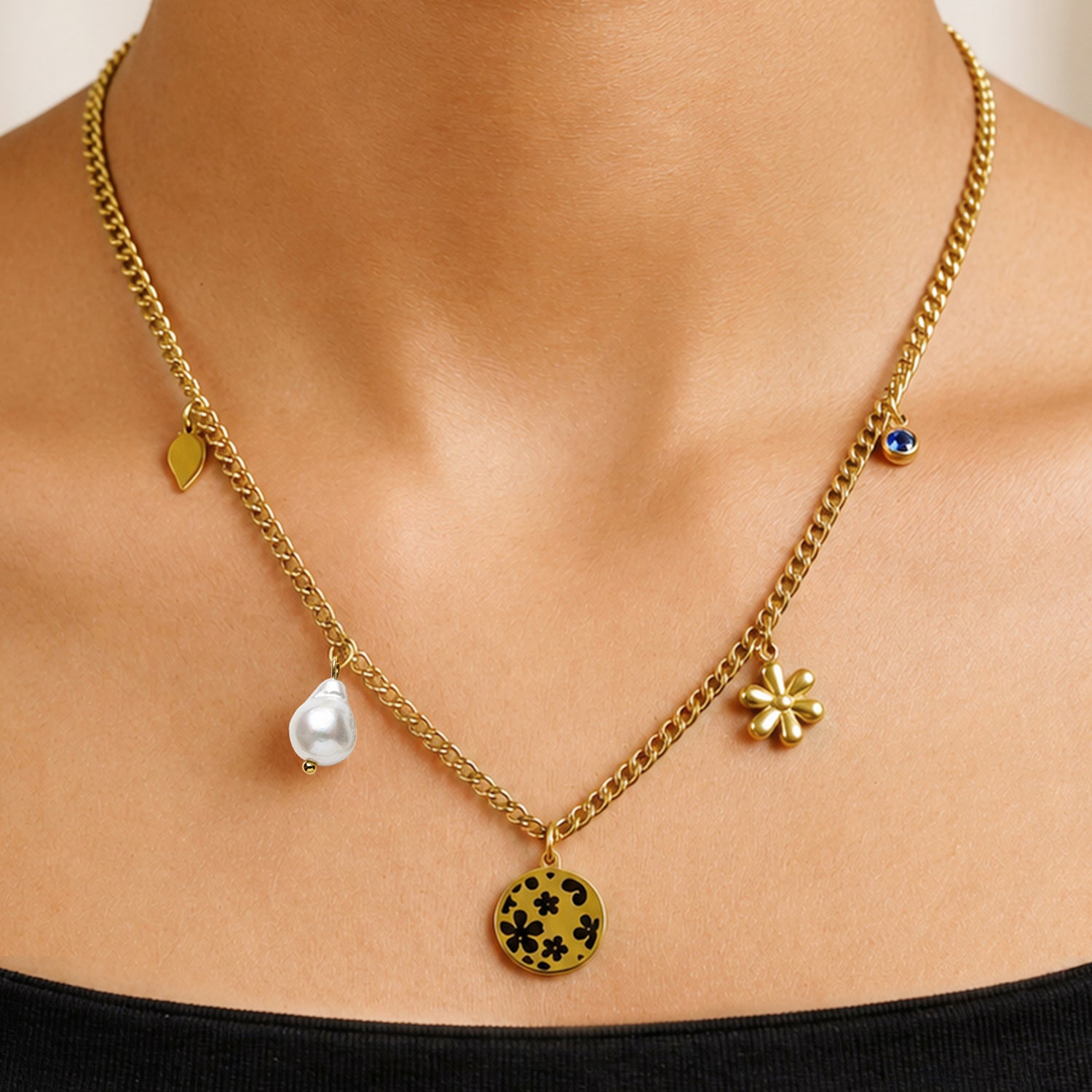 Artklim Floral Pearl Charm Gold Anti-Tarnish Pendant Necklace