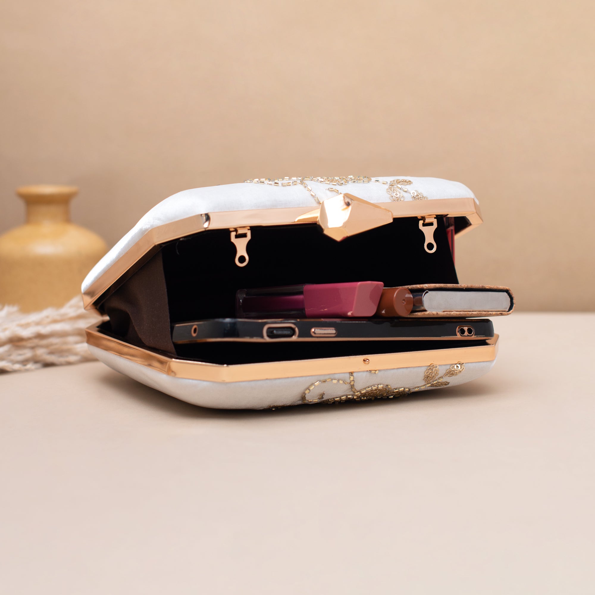 Artklim Ivory Floral Gold Embroidered Clutch