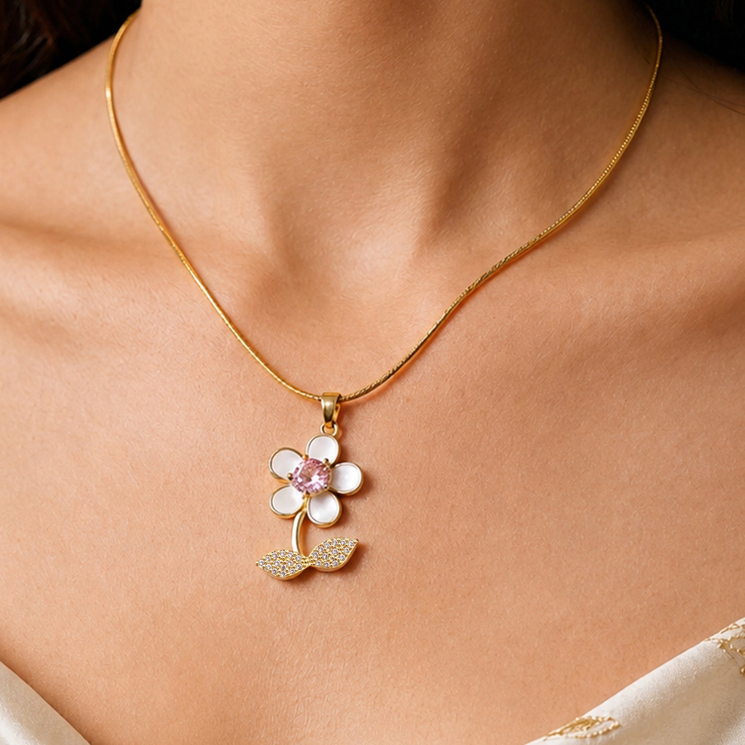 Artklim Blossom Pink Crystal Flower Anti-Tarnish Pendant Necklace